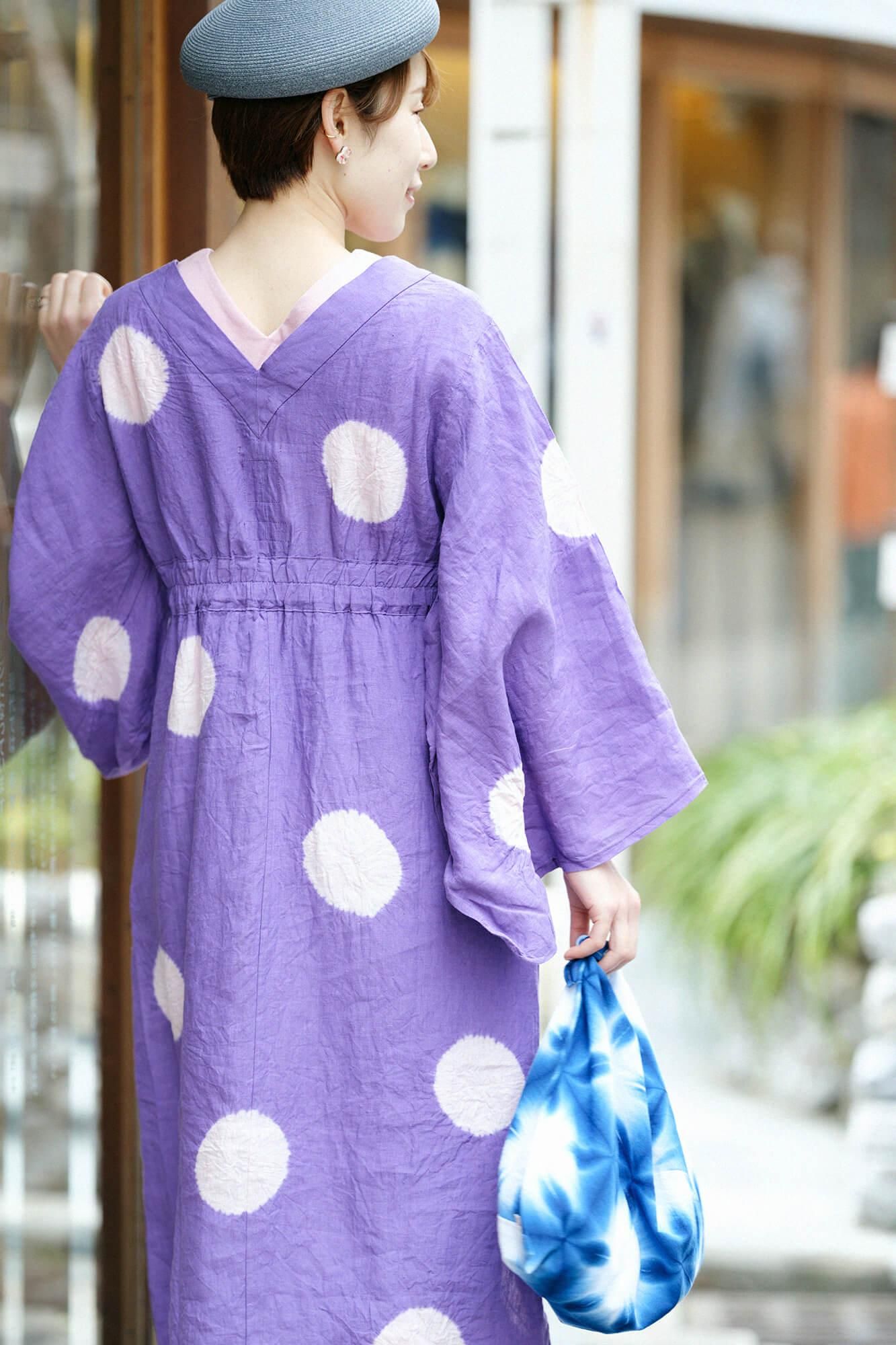 [仅限在线] Tabata Shibori Hemp Yukata Mitate / 大圆点（Mizutamai）Kyomurasaki x Maiden Color