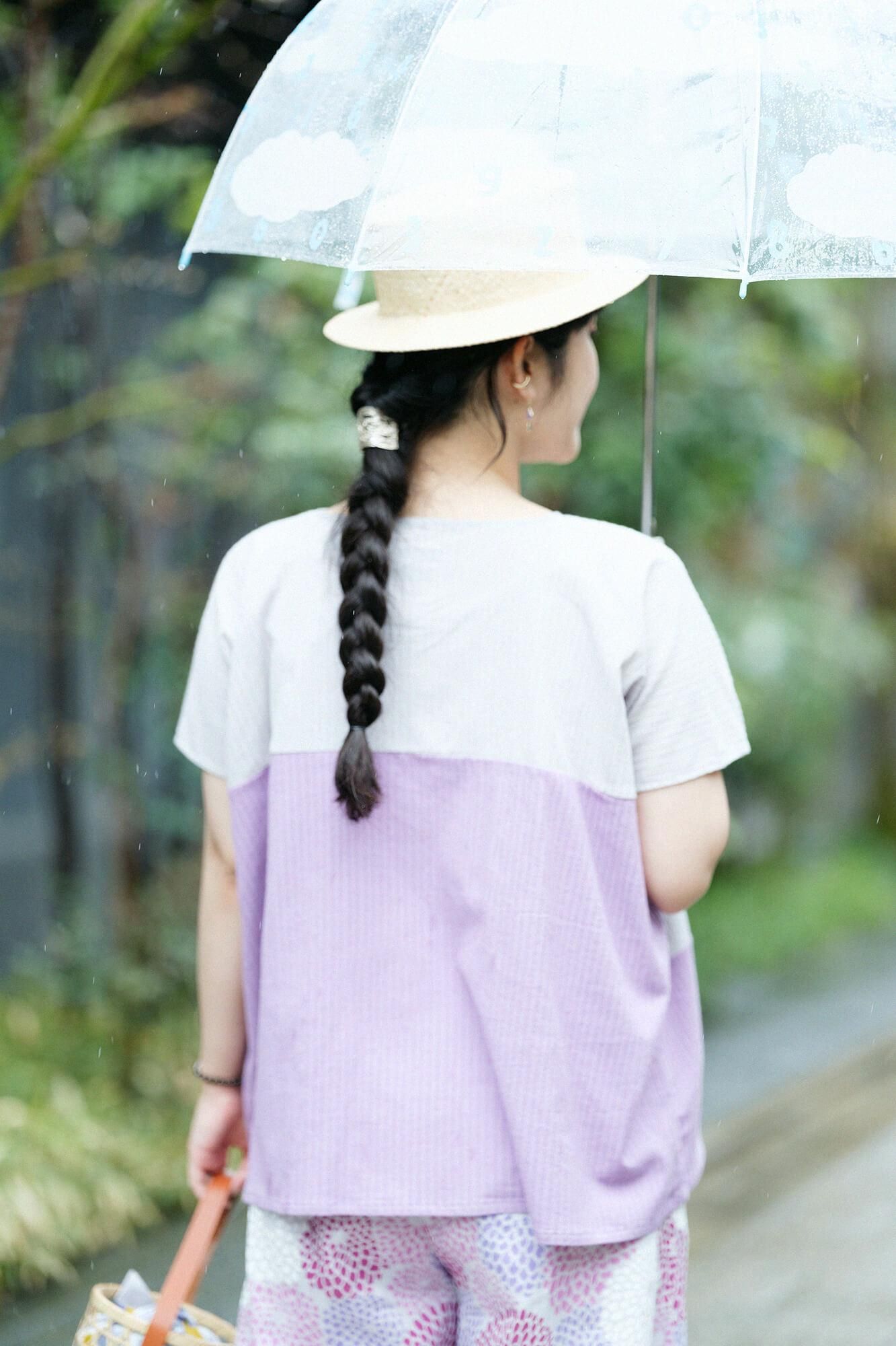 高島縮棉 40/20 空羽 方形上衣 雙色／白灰色×淺紫色