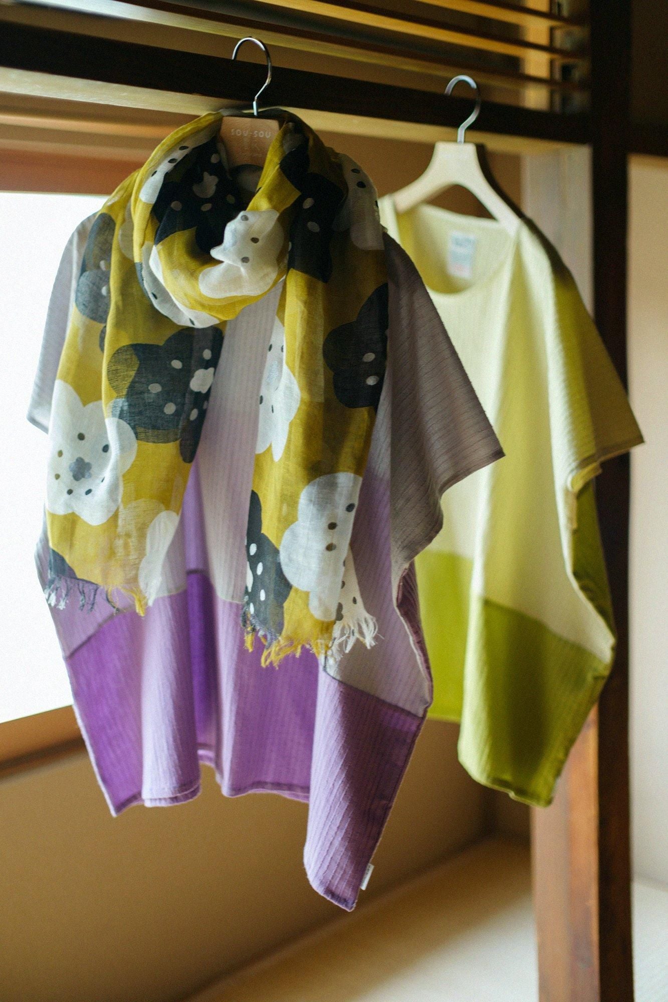 高島縮棉 40/20 空羽 方形上衣 雙色／白灰色×淺紫色