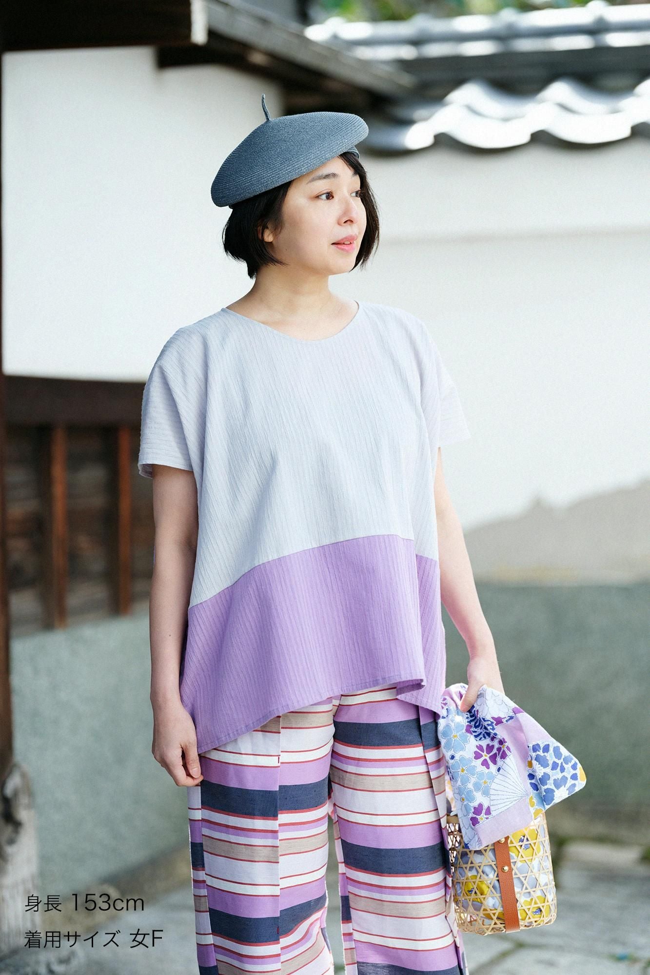 高島縮棉 40/20 空羽 方形上衣 雙色／白灰色×淺紫色