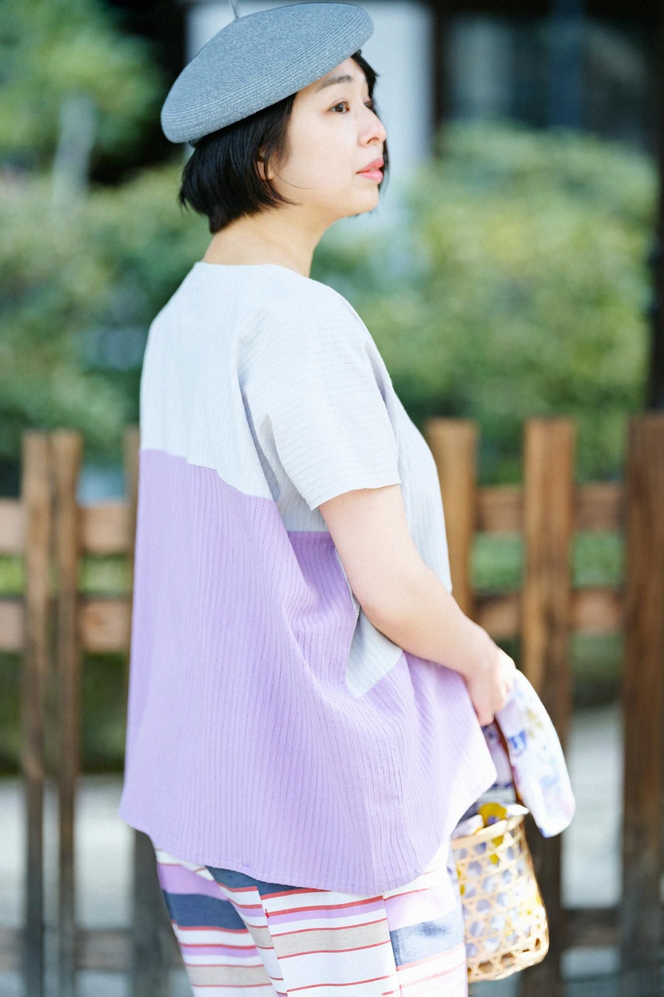 高島縮棉 40/20 空羽 方形上衣 雙色／白灰色×淺紫色