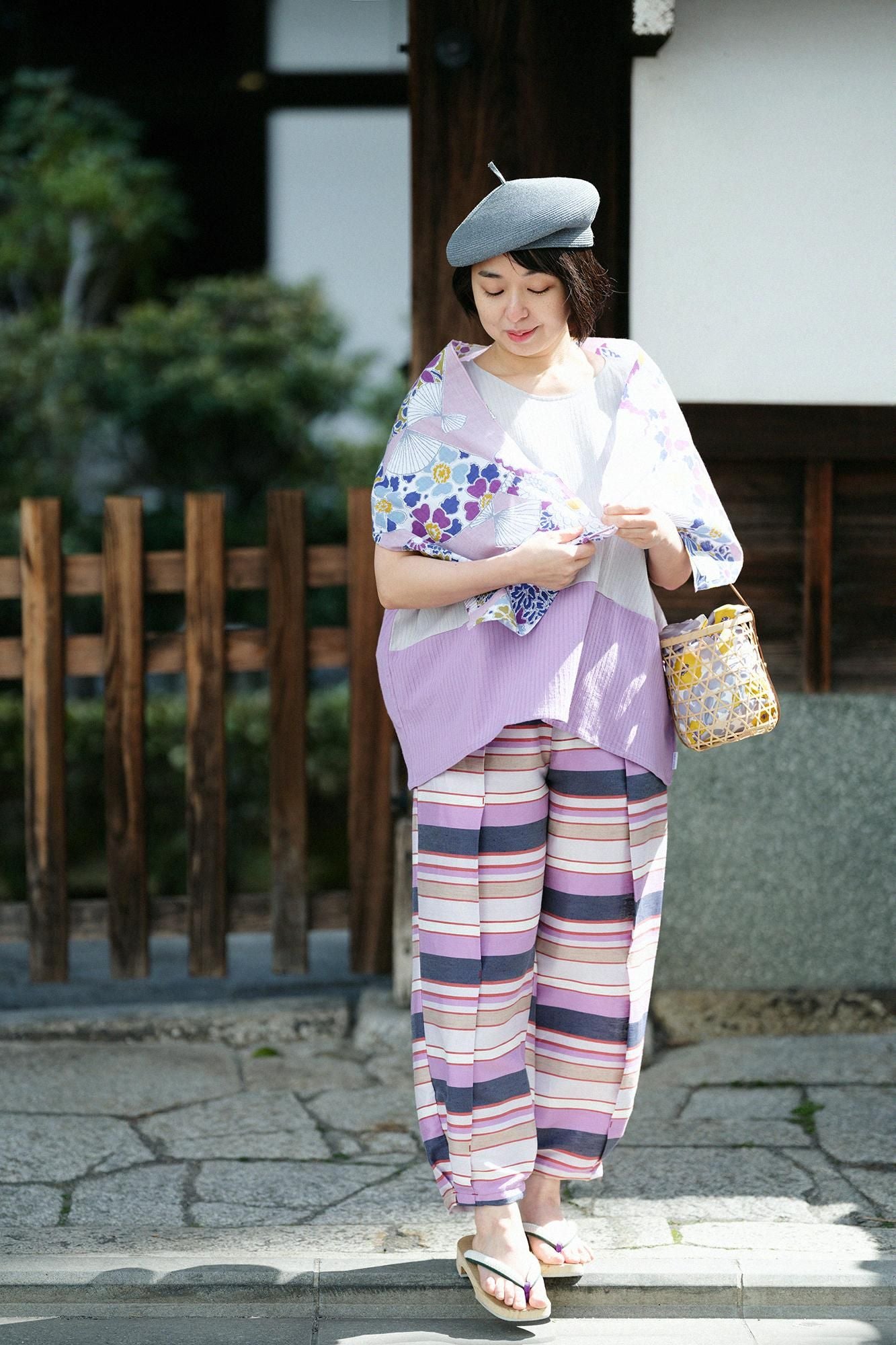 高島縮棉 40/20 空羽 方形上衣 雙色／白灰色×淺紫色