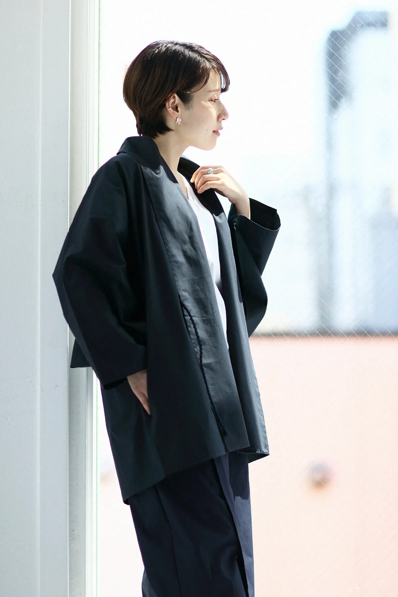 【net limited】Cotton Tencel Typewriter Cloth Triangular Sleeve Coat Short Single Layer／Dark Navy▲