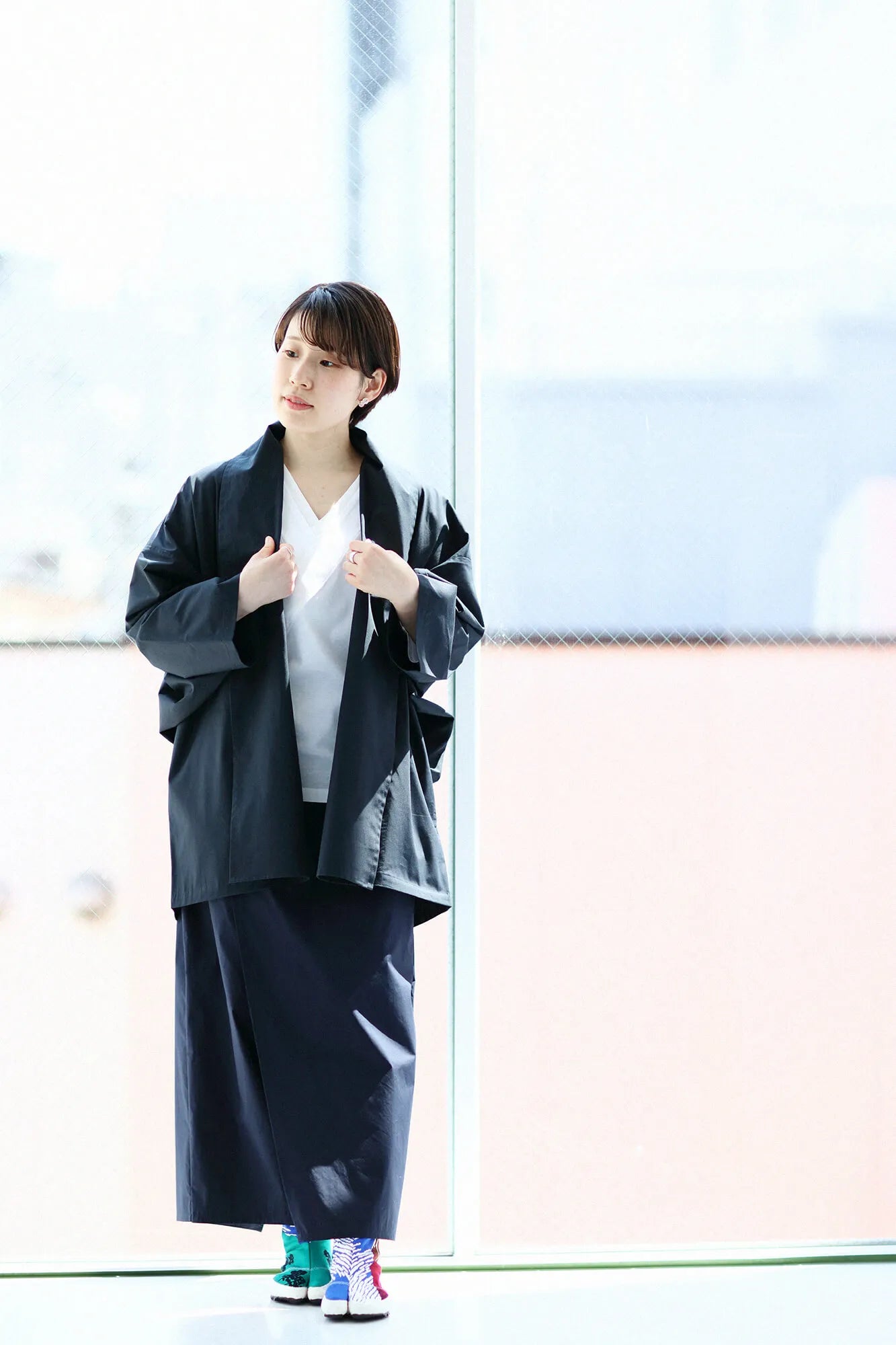 【net limited】Cotton Tencel Typewriter Cloth Triangular Sleeve Coat Short Single Layer／Dark Navy▲