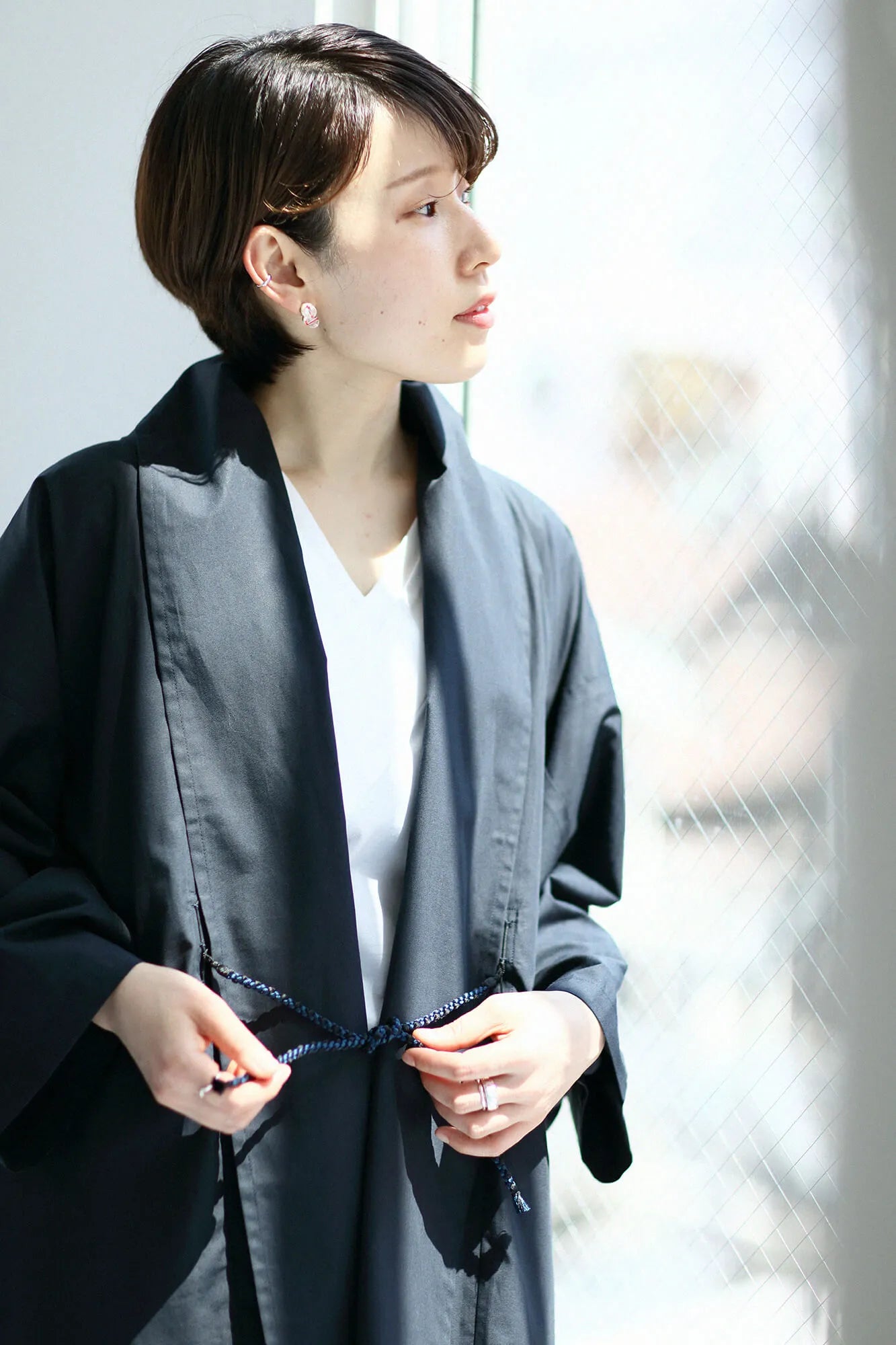 【net limited】Cotton Tencel Typewriter Cloth Triangular Sleeve Coat Short Single Layer／Dark Navy▲