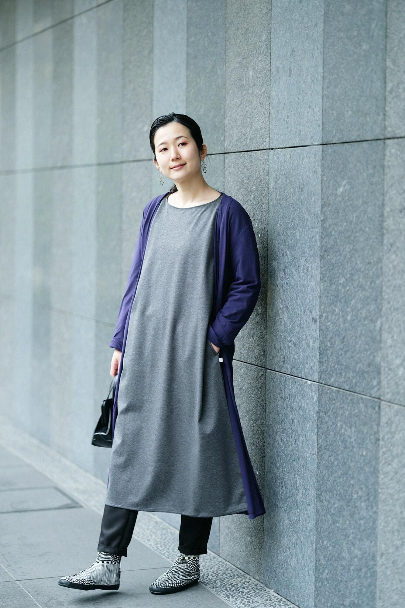 羅紋針織布 Royal Cool B.N. 長袖連衣裙／灰墨色