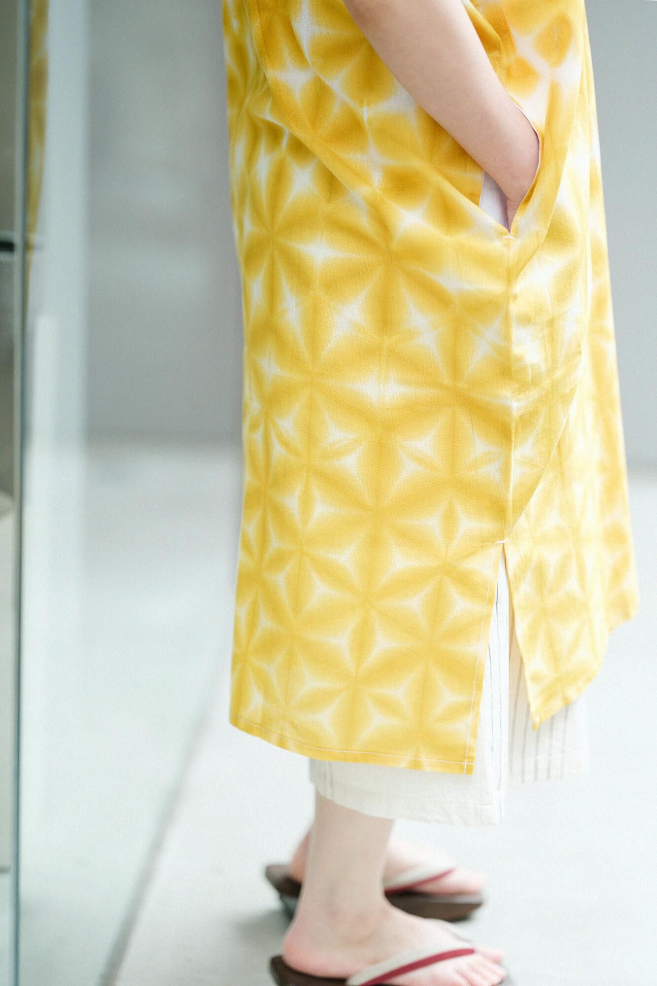 Konsei Tie-dye Chita Cotton Bun Rectangular Dress Split Joint / Gradient Snowflakes Mustard Color
