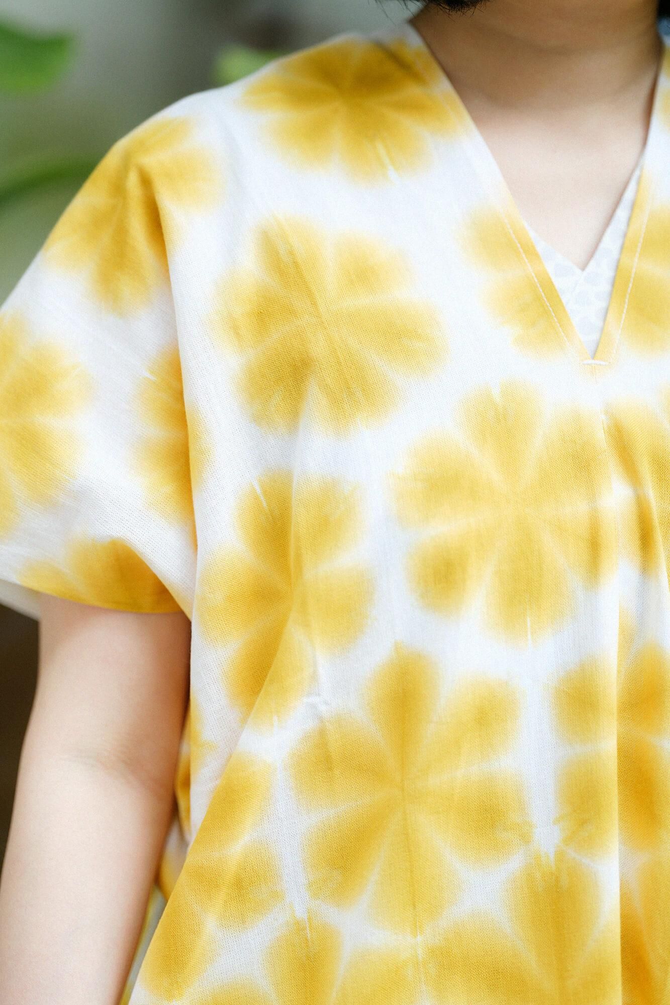 Konsei Tie-dye Chita Cotton Bun Rectangular Dress Split Joint / Gradient Snowflakes Mustard Color