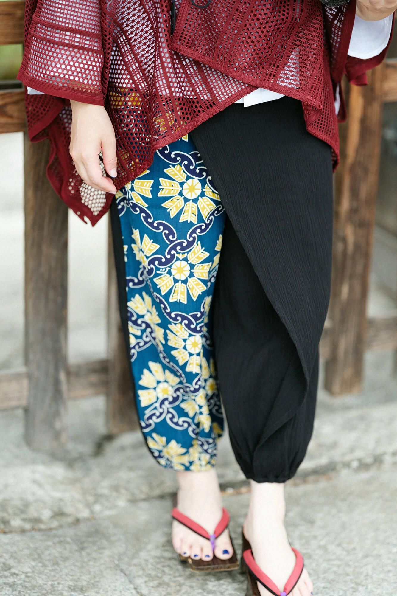 Chizimi Cotton 20/20 Wrap Harem Pants Bi-color 2.0 / Black × Continuation of Arrow Wheel-Recreation