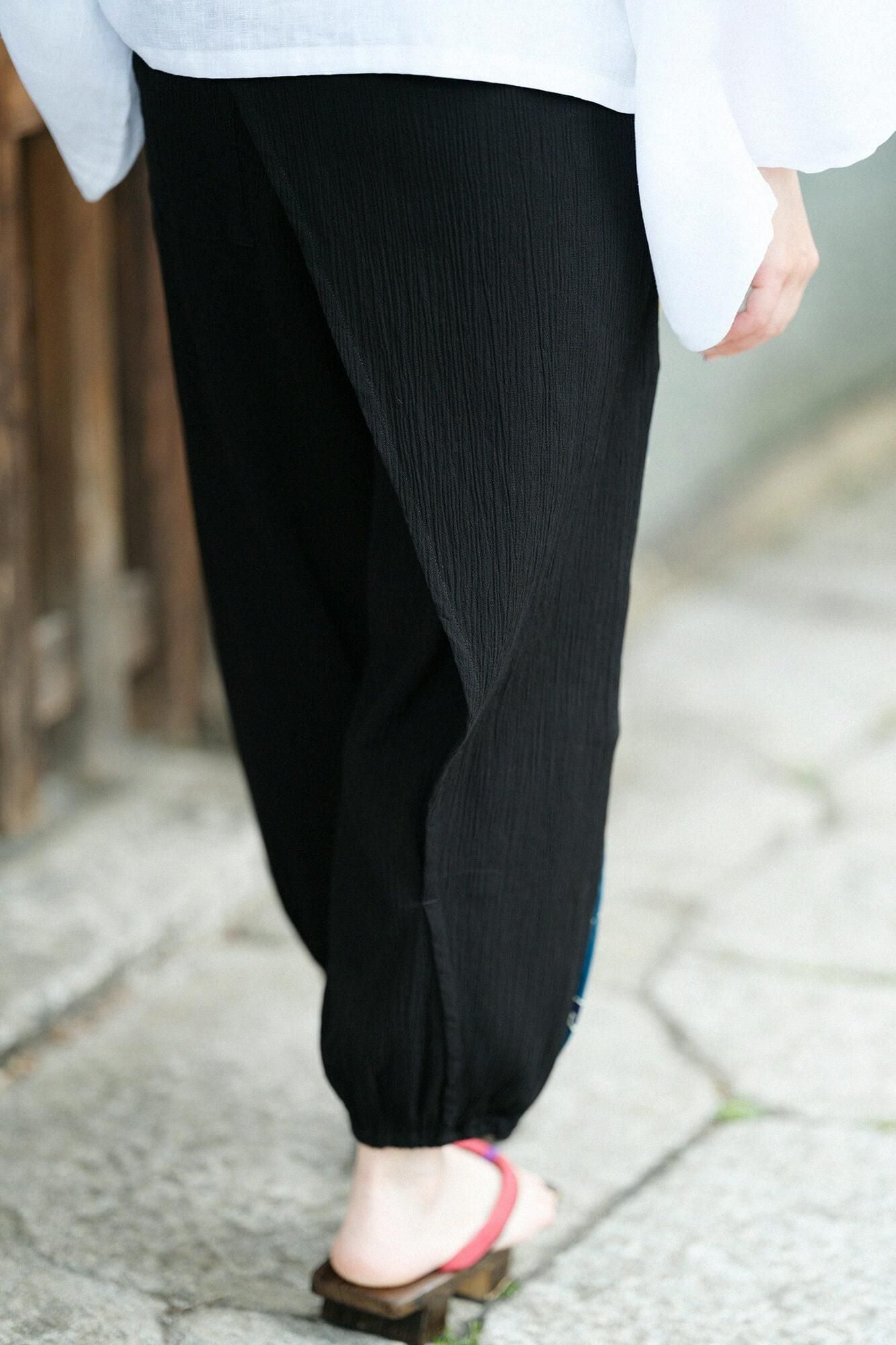 Chizimi Cotton 20/20 Wrap Harem Pants Bi-color 2.0 / Black × Continuation of Arrow Wheel-Recreation