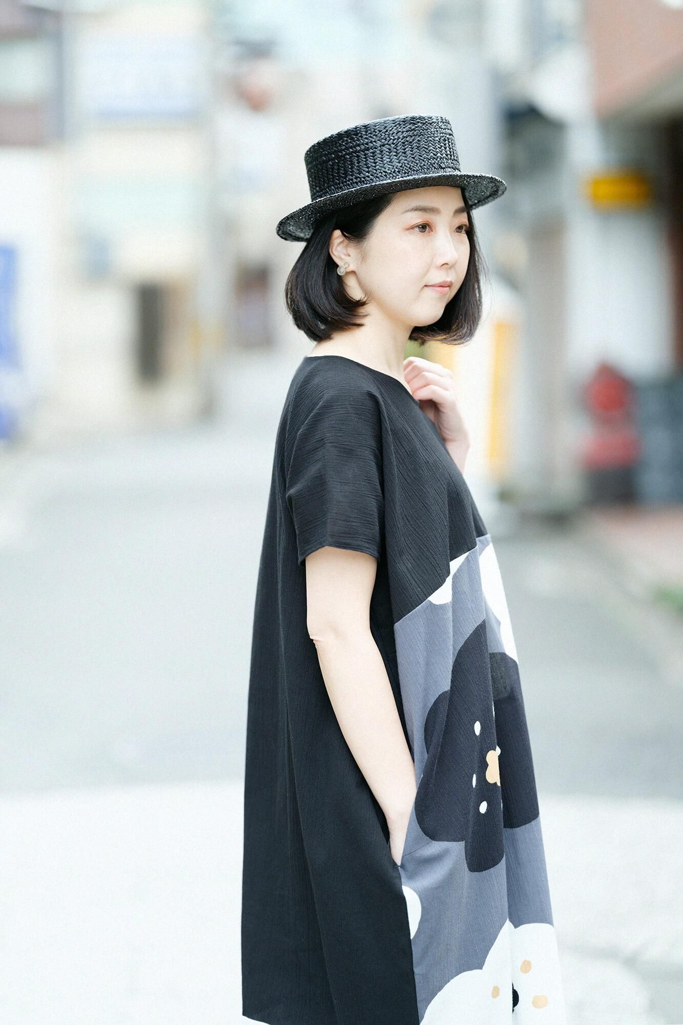 高島縮棉 20/20長方形洋裝 雙色 下襬圖案／黑色×微笑