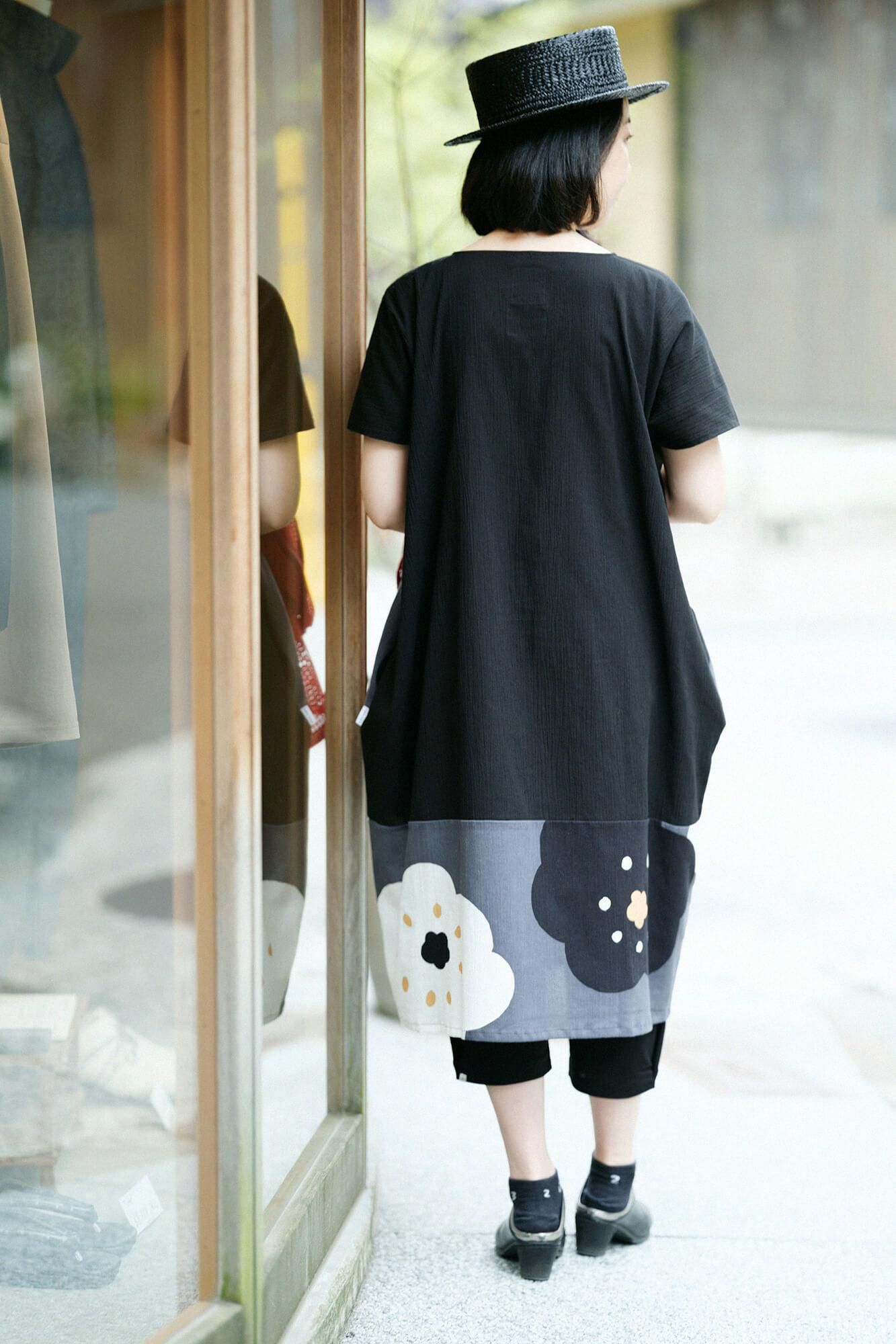 高島縮棉 20/20長方形洋裝 雙色 下襬圖案／黑色×微笑