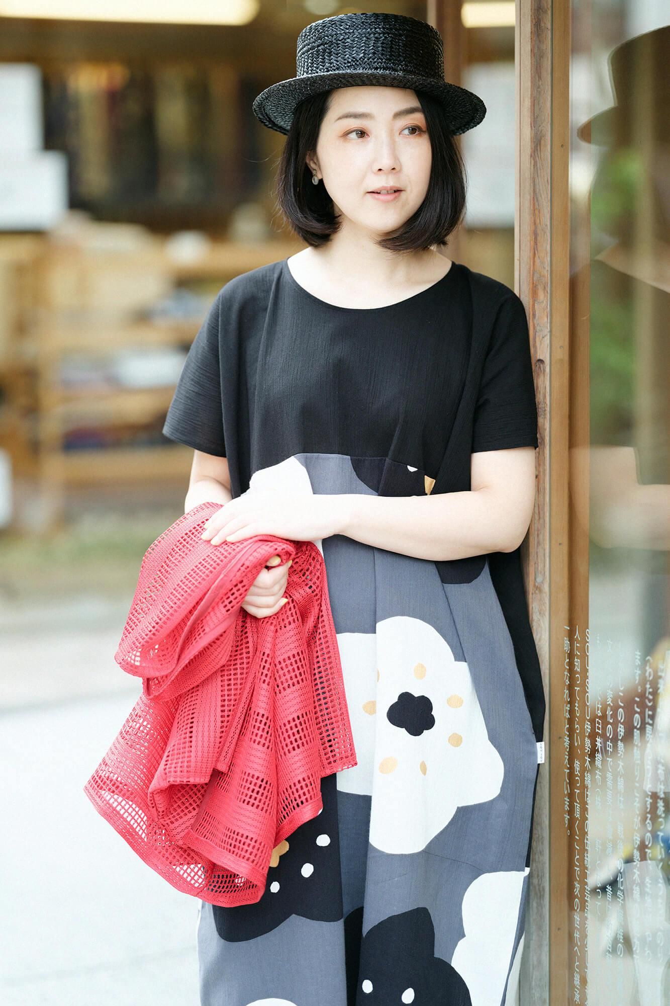 高島縮棉 20/20長方形洋裝 雙色 下襬圖案／黑色×微笑