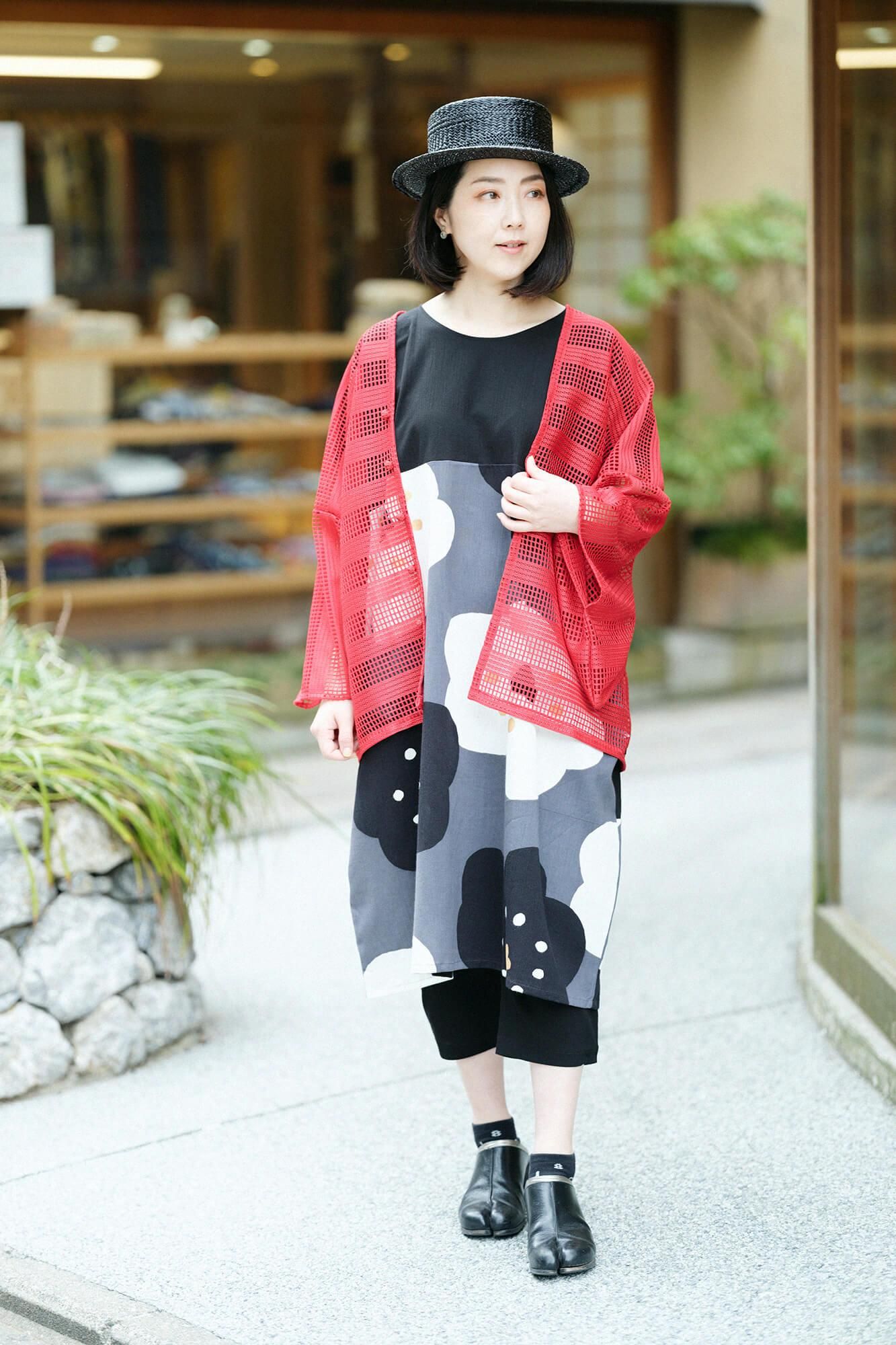 高島縮棉 20/20長方形洋裝 雙色 下襬圖案／黑色×微笑