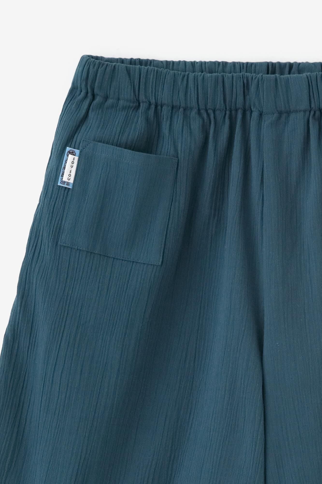 高島縮棉 20/20暗藍色闊腿褲 短版/ 暗藍色