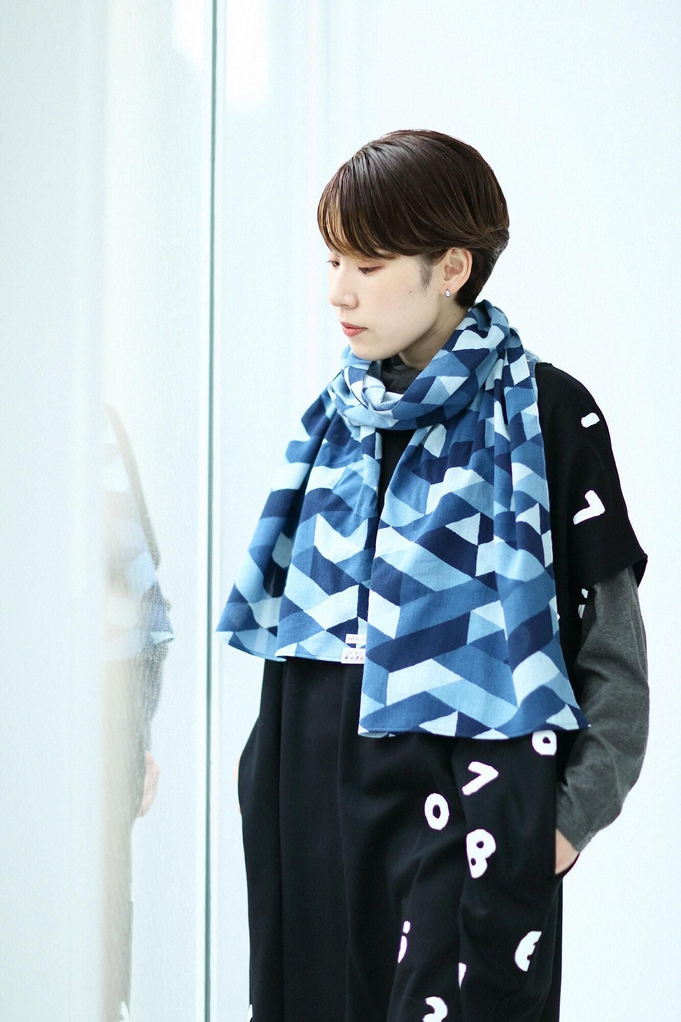 SOU・SOU×藤田染苑 藍捺染 くびまき／たがいちがい