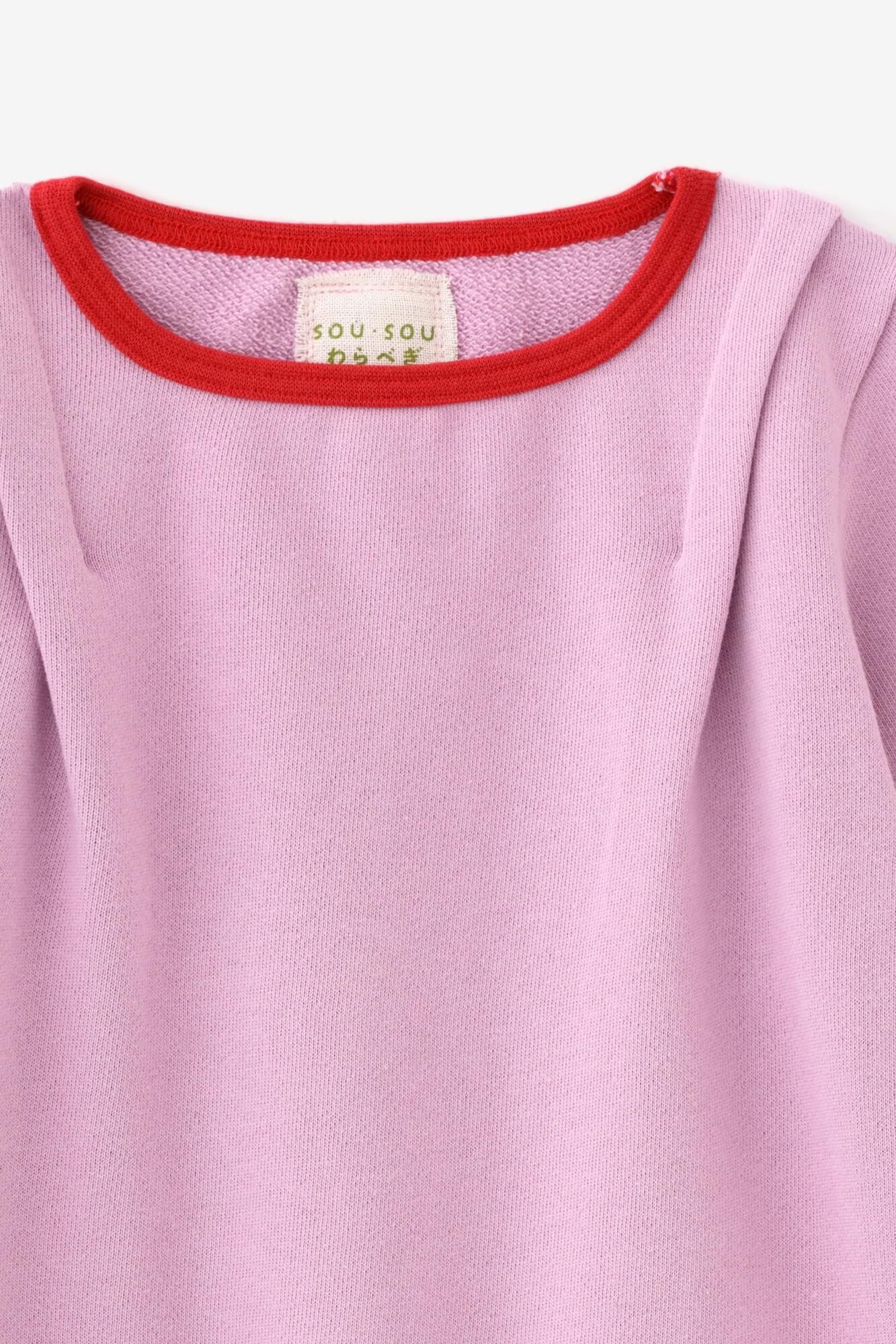 內抓毛 雙色袖 方領上衣 肩褶 /桃色×紅色