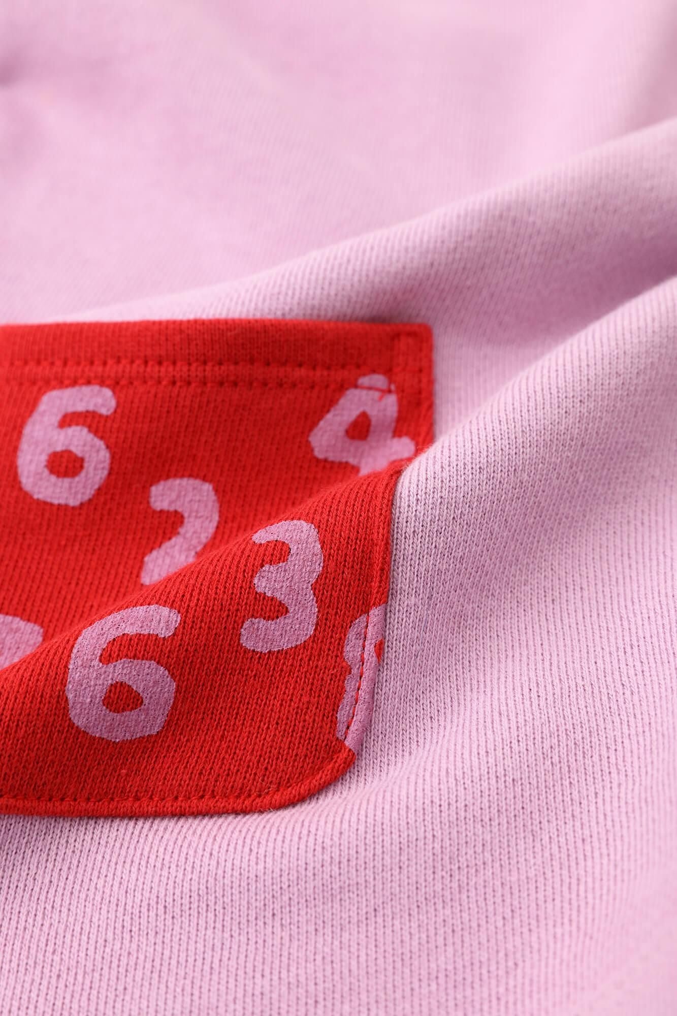 內抓毛 雙色袖 方領上衣 肩褶 /桃色×紅色