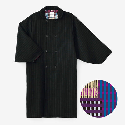 【net limited】Bishu Double Breasted Naginata Square Neck Coat Tweed cover Long with Lining Black Striped x Skyscraper