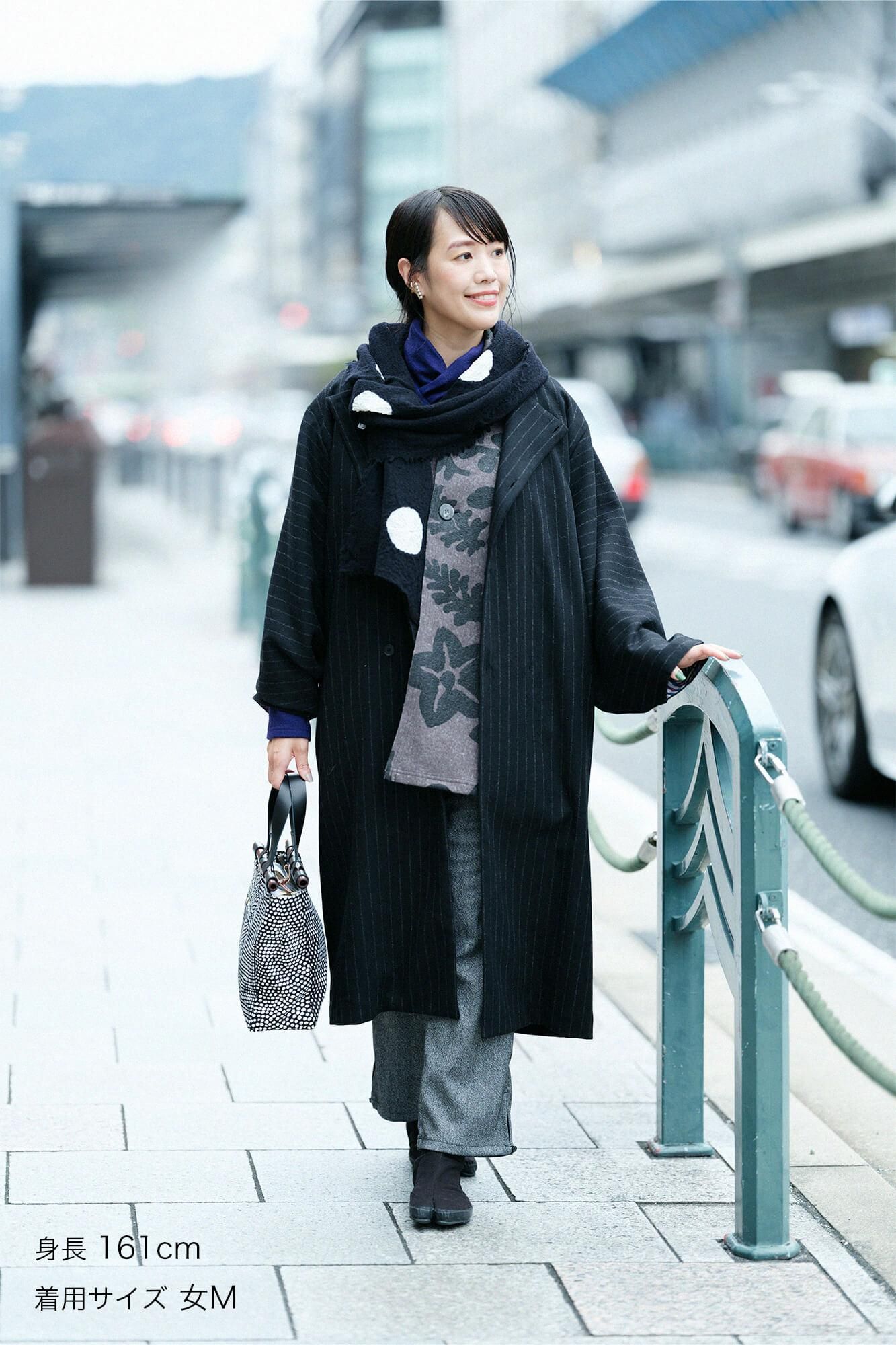 【net limited】Bishu Double Breasted Naginata Square Neck Coat Tweed cover Long with Lining Black Striped x Skyscraper