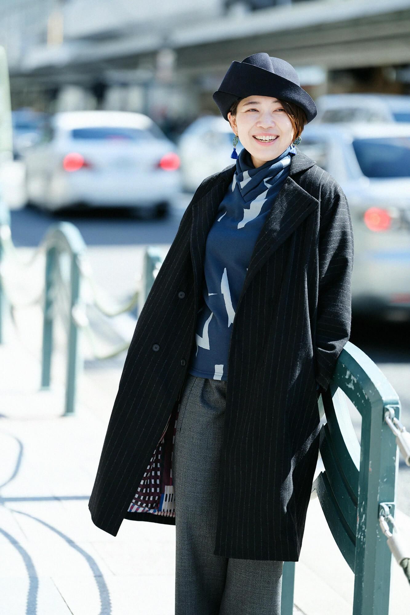 【net limited】Bishu Double Breasted Naginata Square Neck Coat Tweed cover Long with Lining Black Striped x Skyscraper