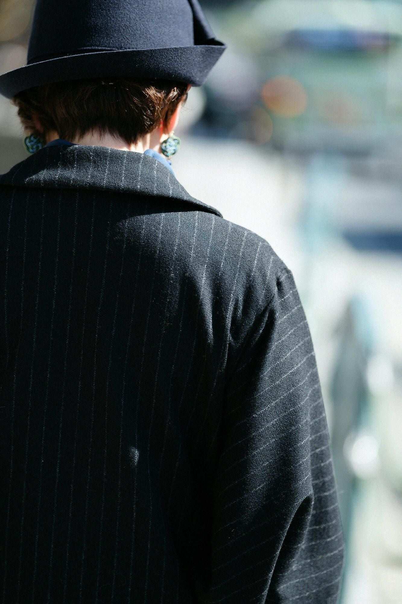 【net limited】Bishu Double Breasted Naginata Square Neck Coat Tweed cover Long with Lining Black Striped x Skyscraper