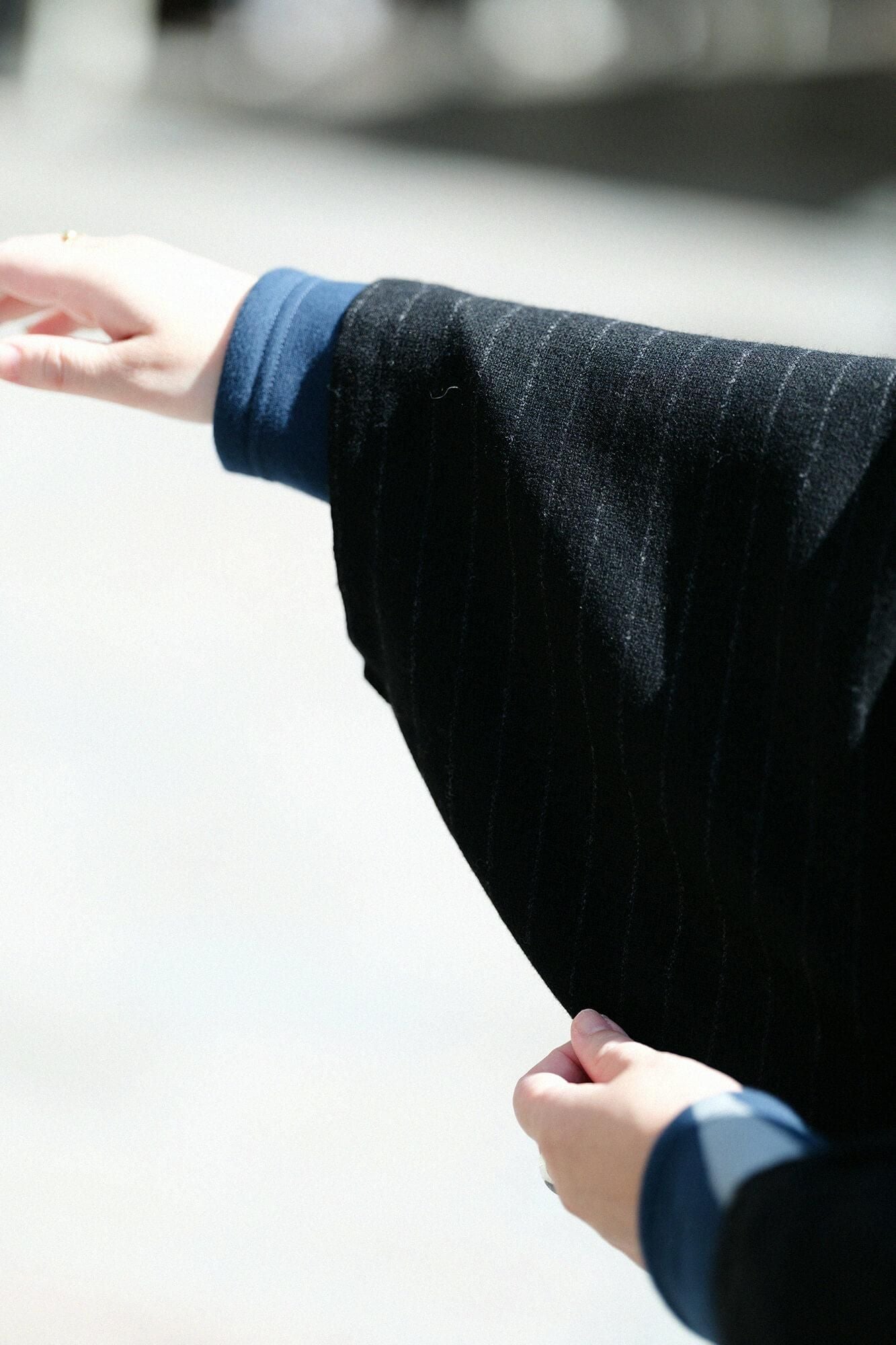 【net limited】Bishu Double Breasted Naginata Square Neck Coat Tweed cover Long with Lining Black Striped x Skyscraper