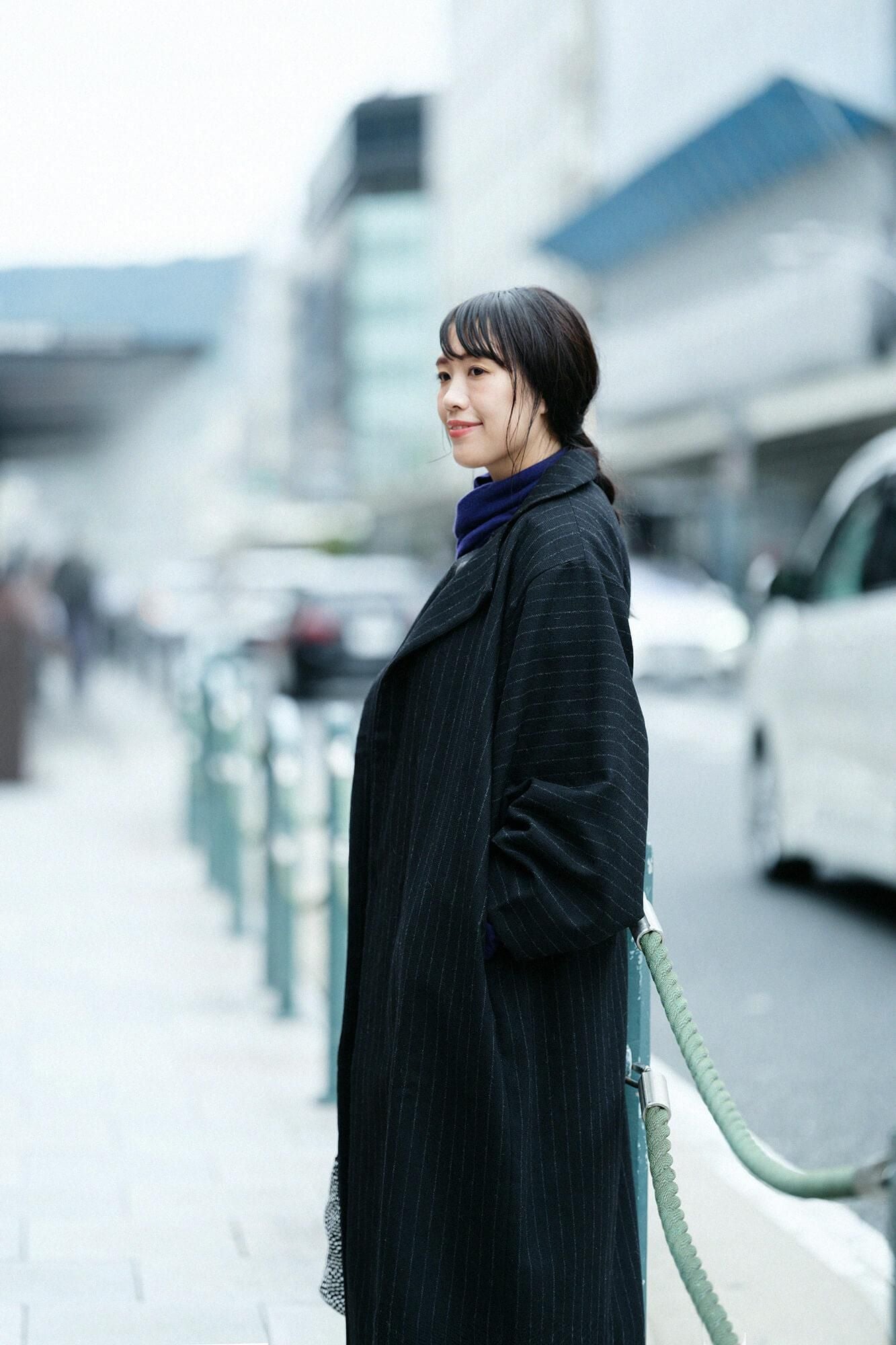 【net limited】Bishu Double Breasted Naginata Square Neck Coat Tweed cover Long with Lining Black Striped x Skyscraper