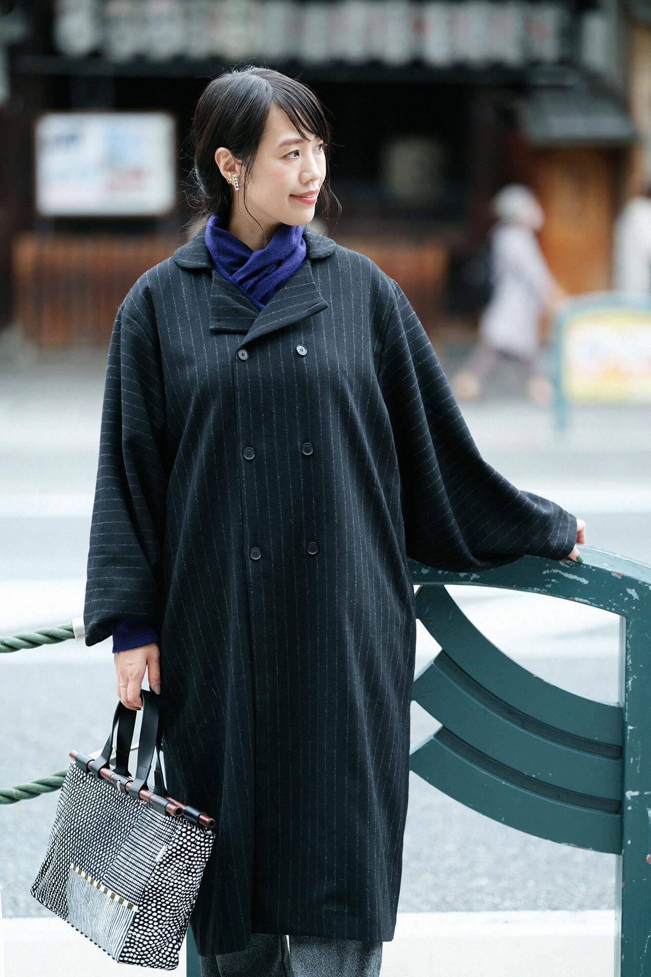 【net limited】Bishu Double Breasted Naginata Square Neck Coat Tweed cover Long with Lining Black Striped x Skyscraper