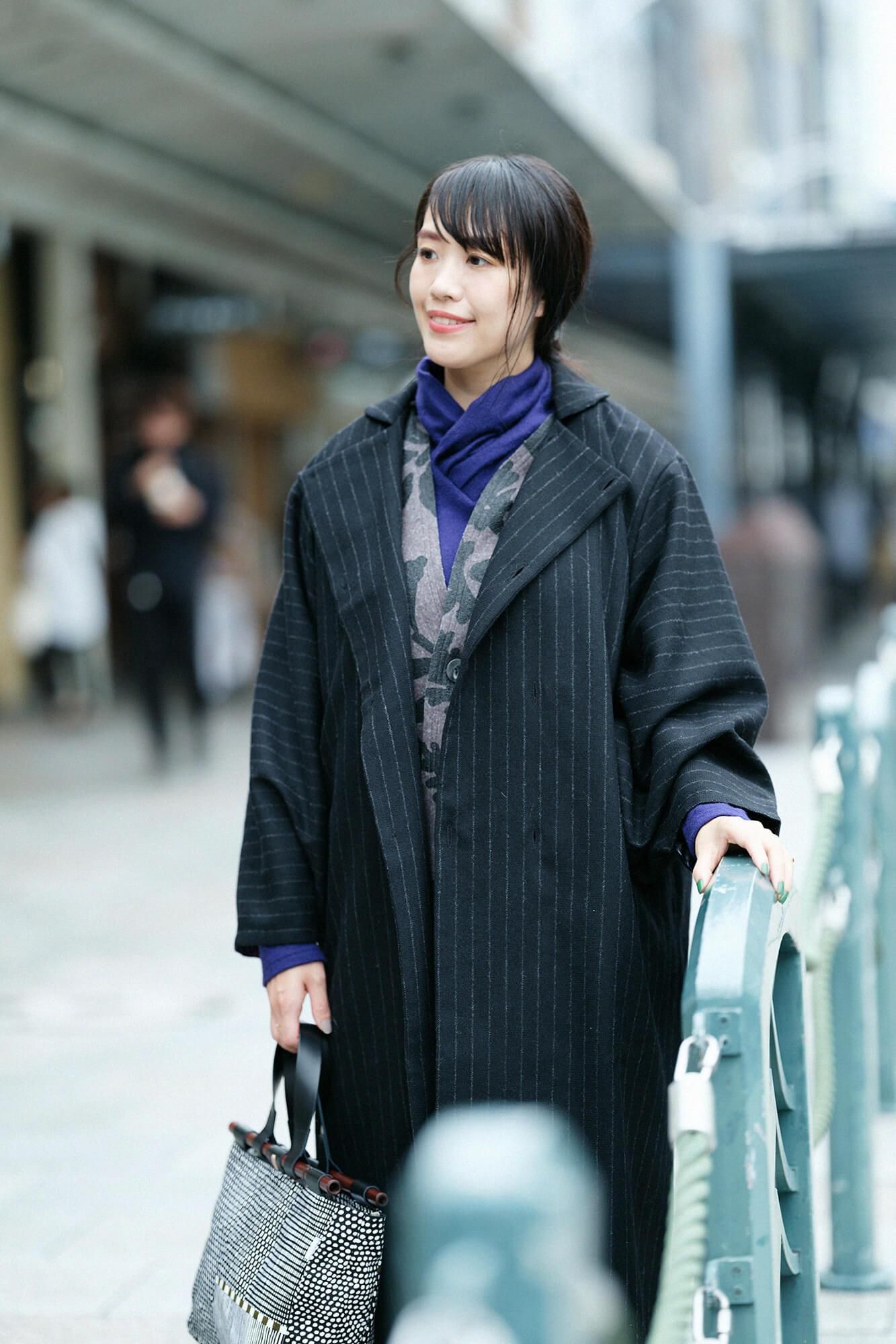 【net limited】Bishu Double Breasted Naginata Square Neck Coat Tweed cover Long with Lining Black Striped x Skyscraper