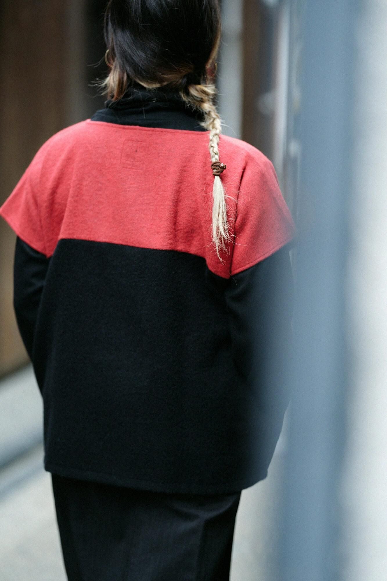 羅紗呢絨 方形上衣 雙色／深紅色x黑色