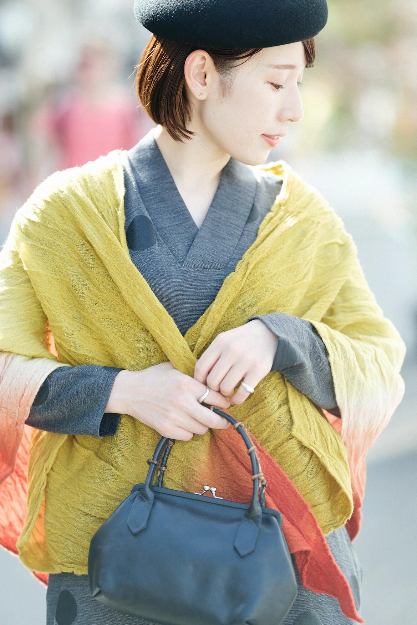 [仅在线] asai shibori，灌木肩带，kensaki，手工染色，棕褐色x yamabuki nezu