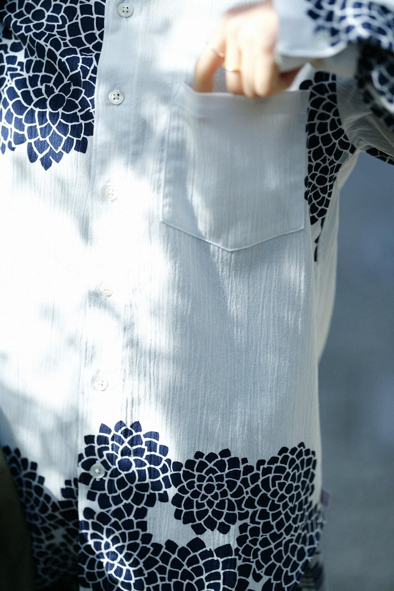 美品★ SOU SOUソウソウ★富士　雲間に菊　高島縮 高島縮 20/20 スタンドカラーシャツ／雲間（くもま）に菊