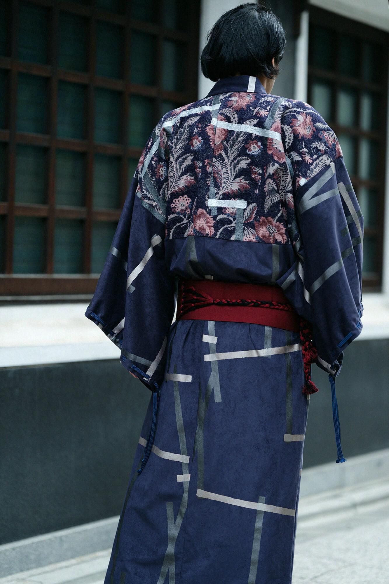 Faux Nubuck x Gobelin Roll-up Hem Simple Kimono with Lining Tobi