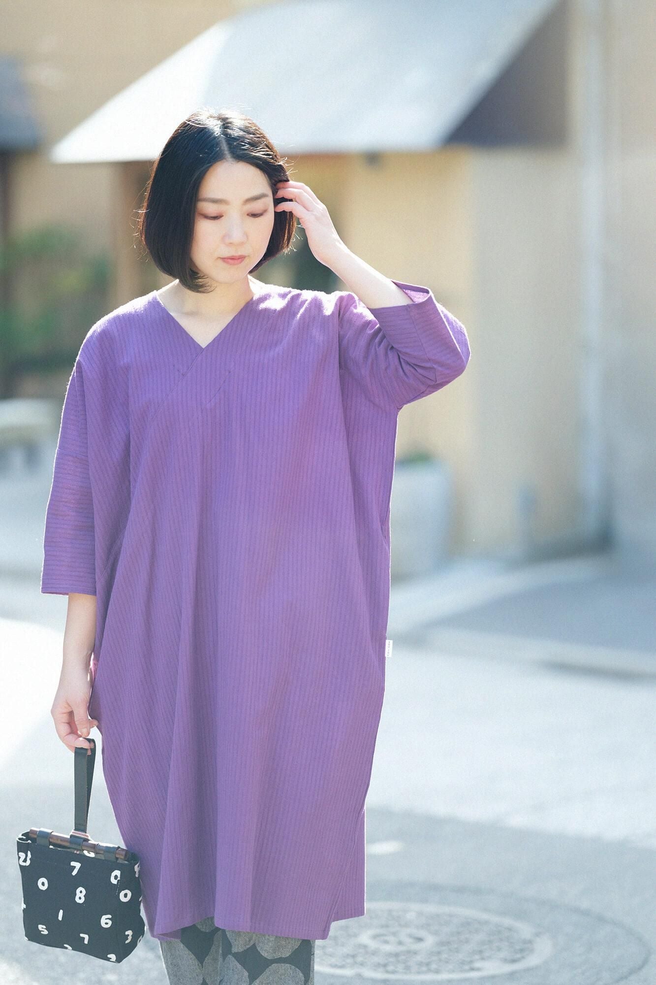 高島縮棉40/20 空羽 V領長方形洋裝 七分袖/紫羅蘭色