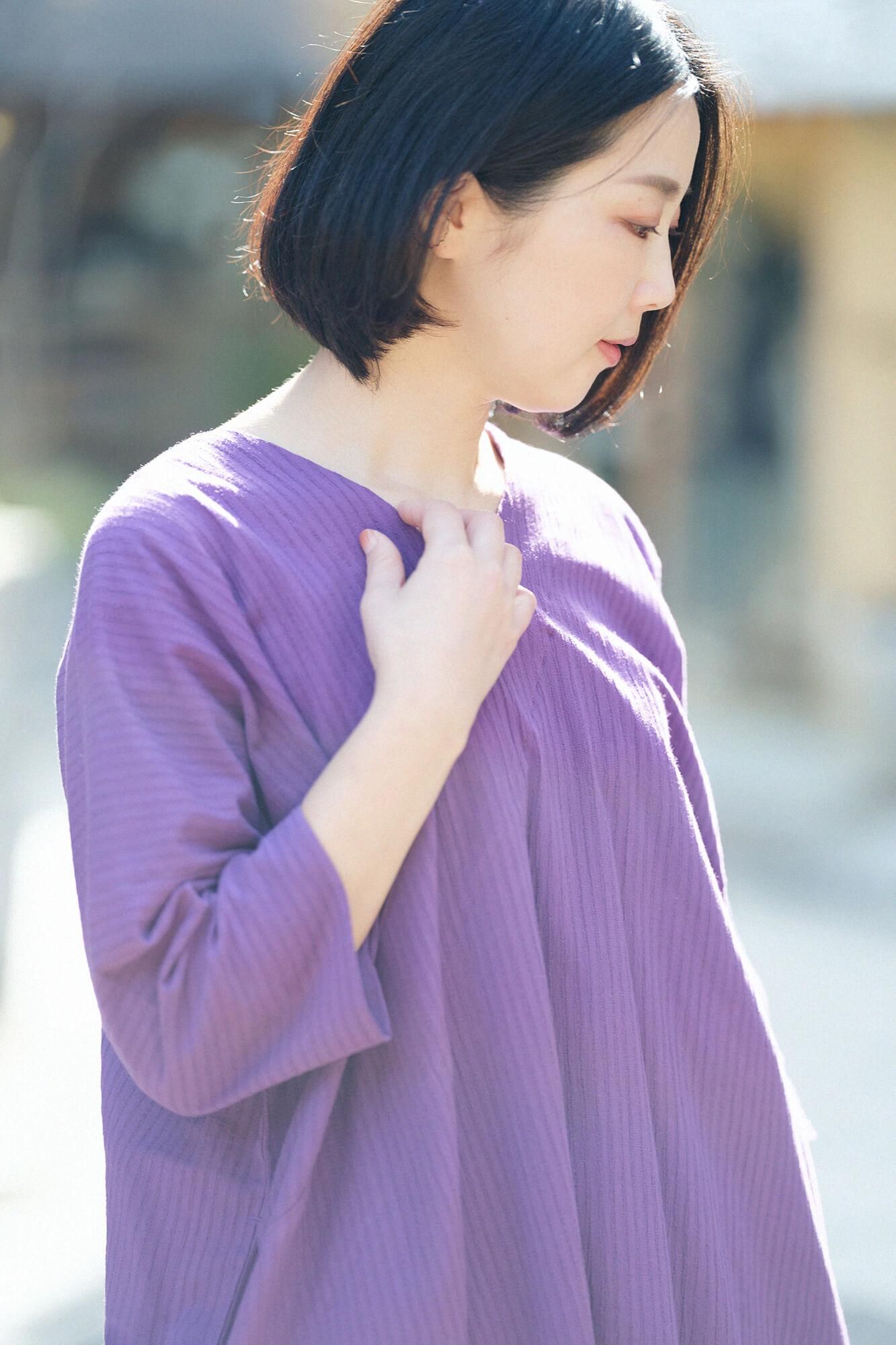 高島縮棉40/20 空羽 V領長方形洋裝 七分袖/紫羅蘭色