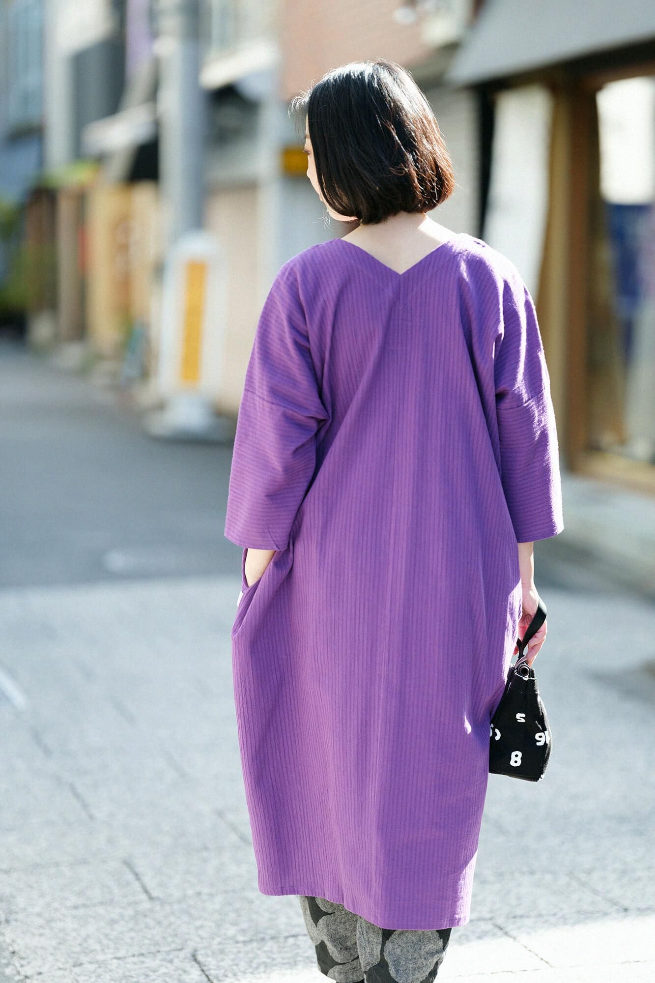高島縮棉40/20 空羽 V領長方形洋裝 七分袖/紫羅蘭色
