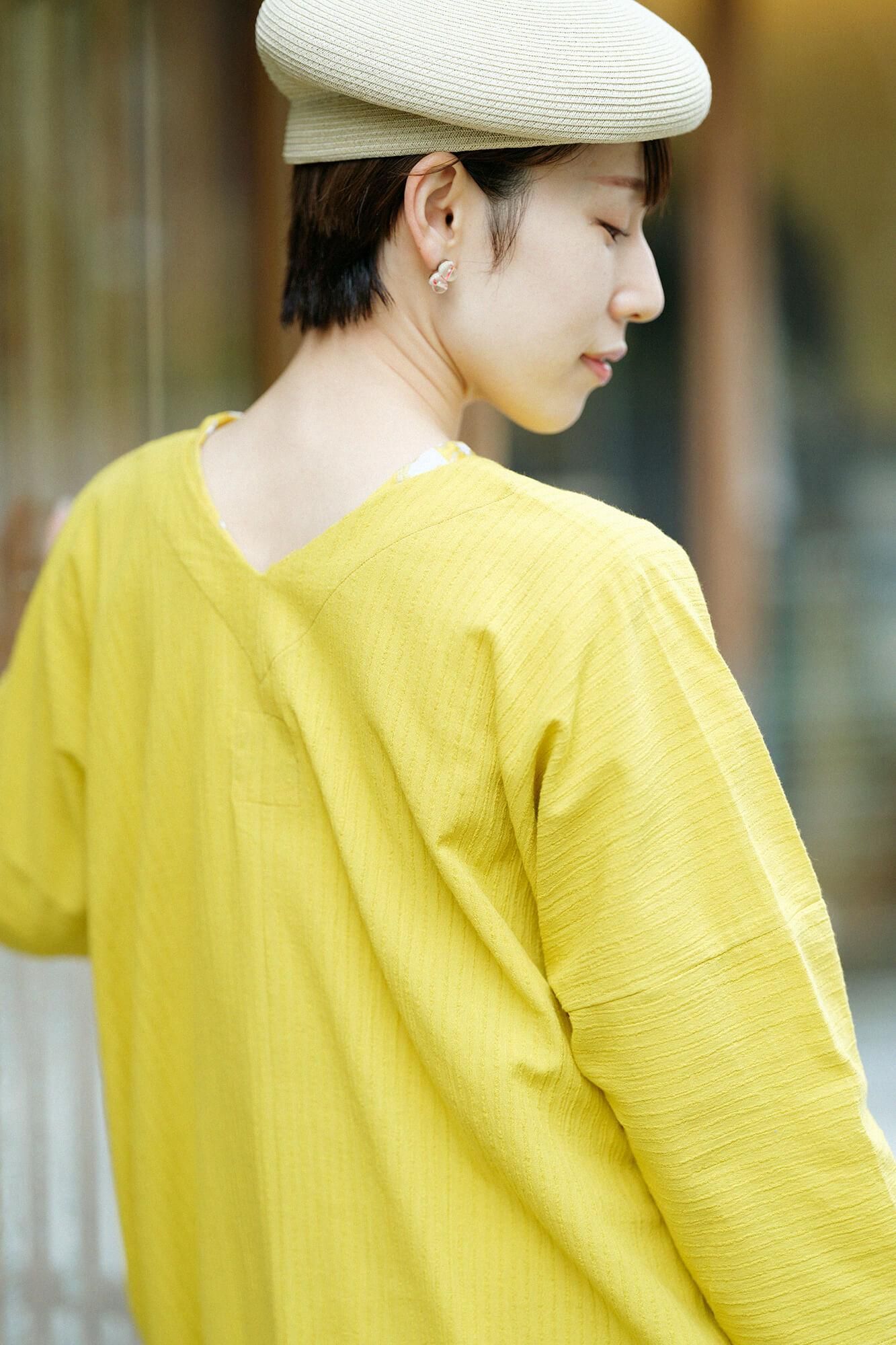 Chizimi Cotton 40/20 Akiha V-neck Rectangular Dress Three-quarter Sleeve / Canary Color