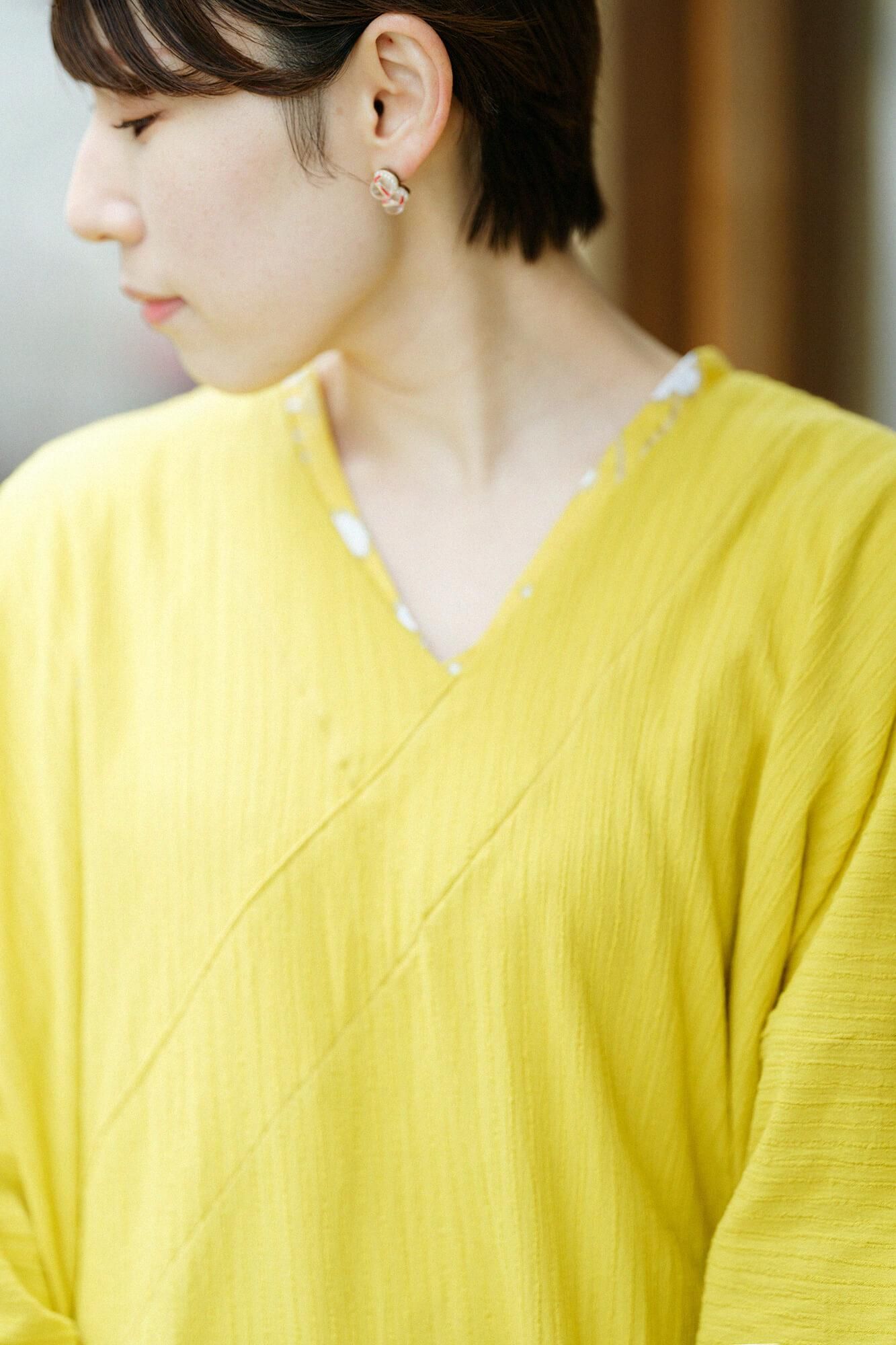 Chizimi Cotton 40/20 Akiha V-neck Rectangular Dress Three-quarter Sleeve / Canary Color