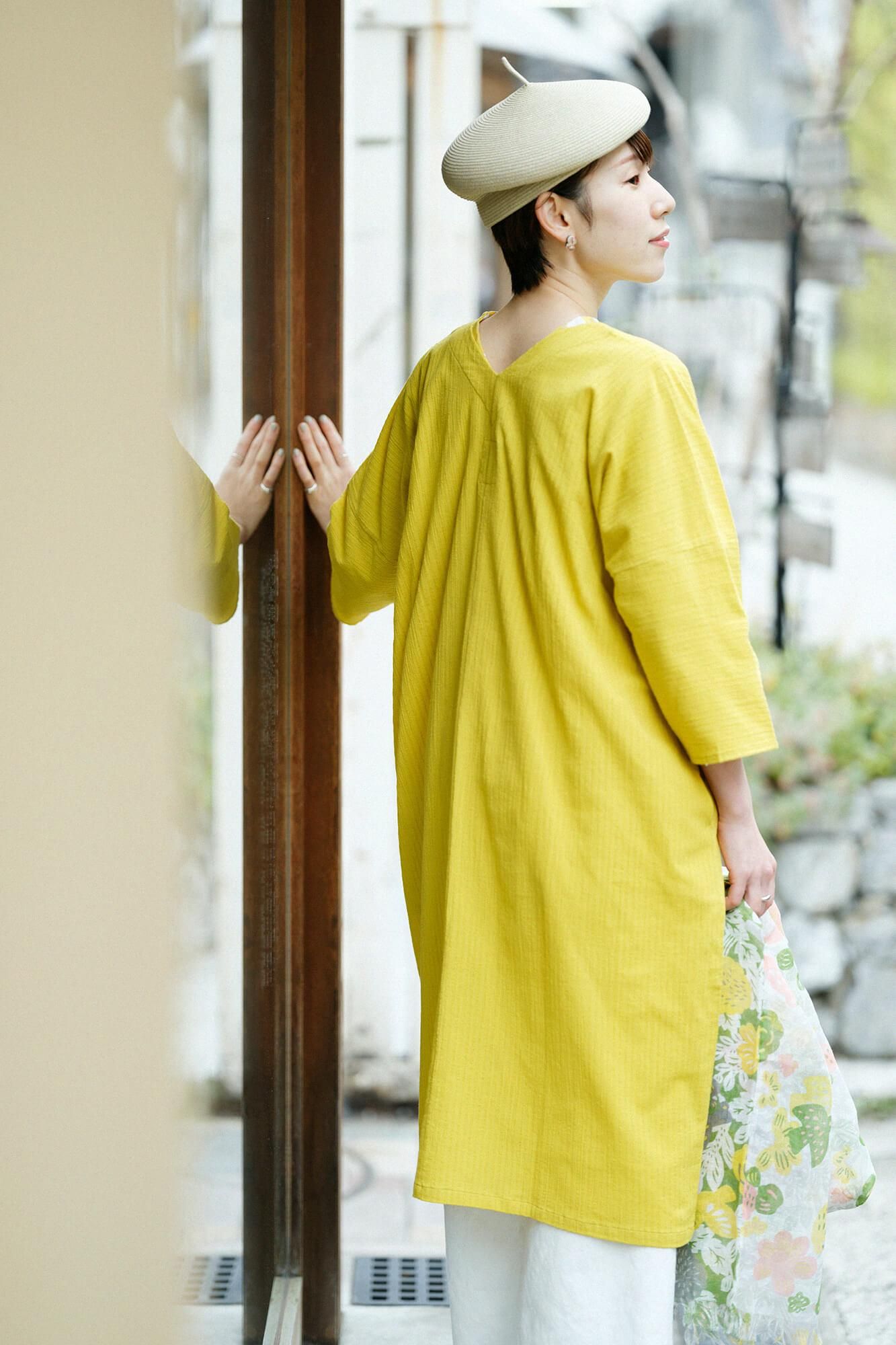 Chizimi Cotton 40/20 Akiha V-neck Rectangular Dress Three-quarter Sleeve / Canary Color