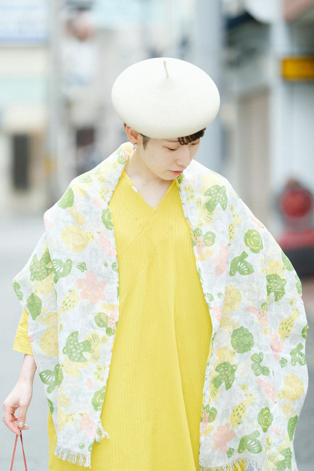 Chizimi Cotton 40/20 Akiha V-neck Rectangular Dress Three-quarter Sleeve / Canary Color