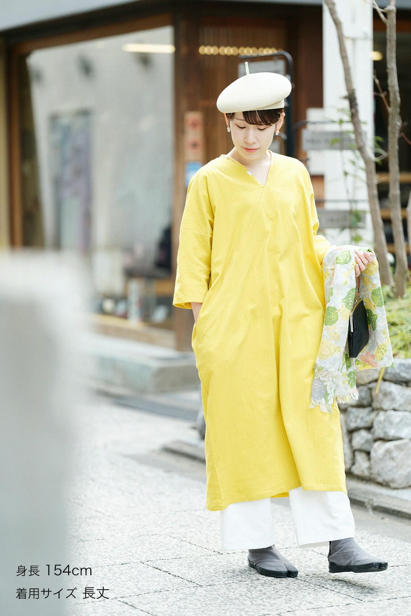 Chizimi Cotton 40/20 Akiha V-neck Rectangular Dress Three-quarter Sleeve / Canary Color