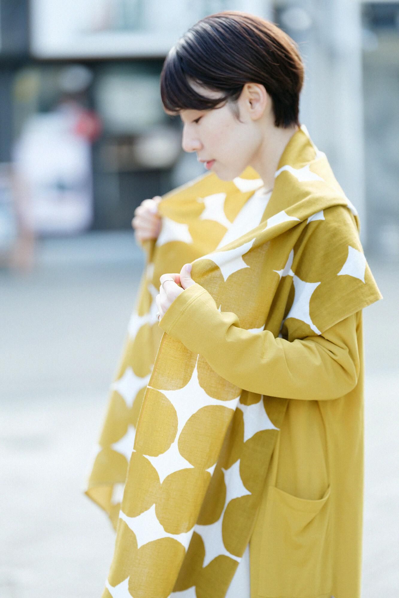 伊勢木棉圍巾／彈珠 大 米白色×芥末黃2