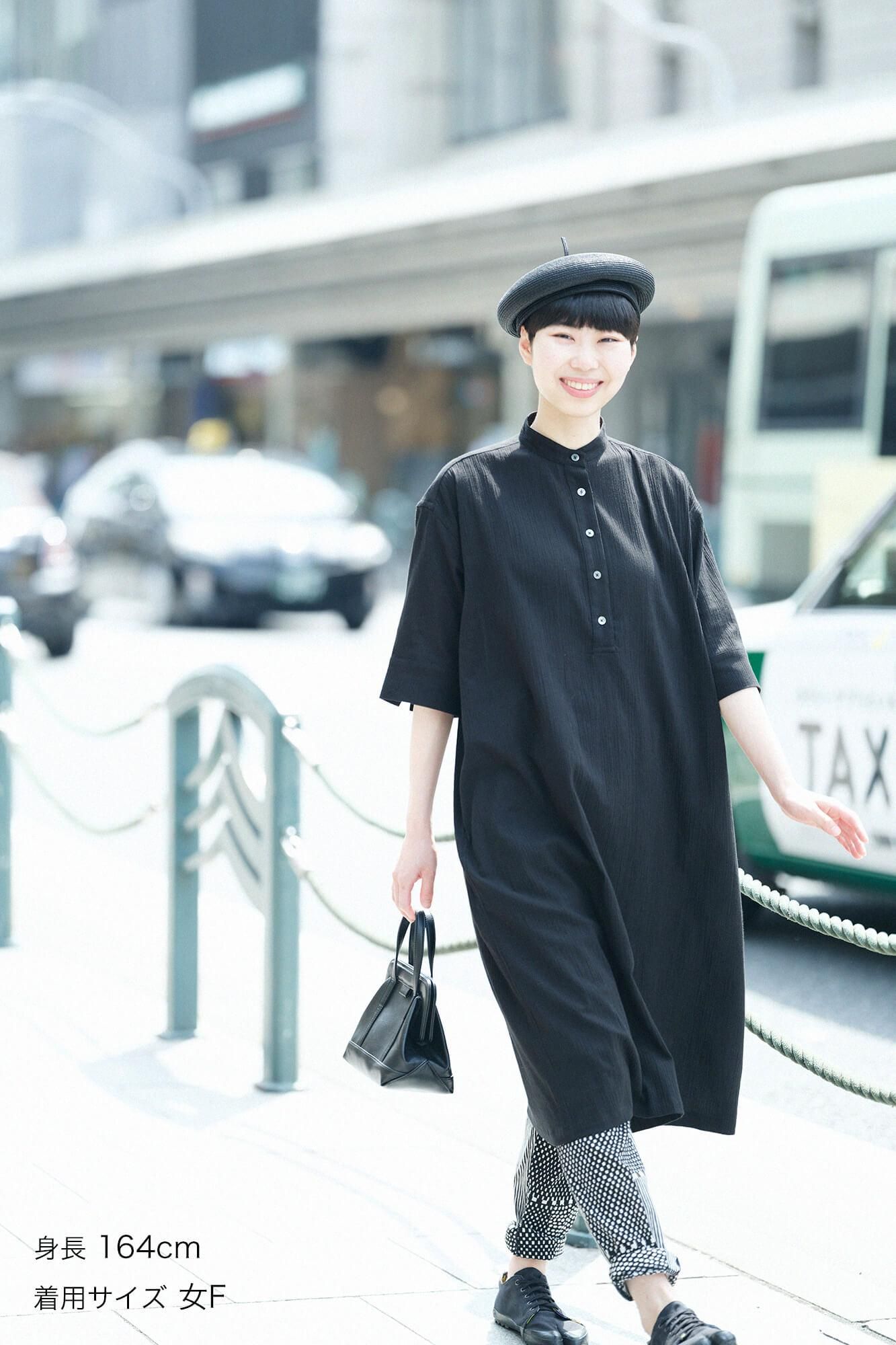Chizimi Cotton 20/20 HN Gran Shirt Dress Elbow Length Sleeve / Black