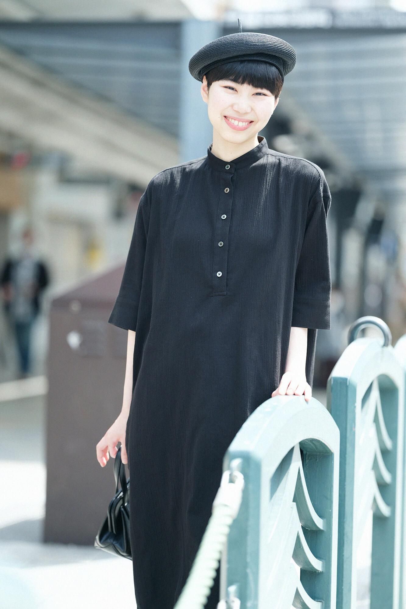 Chizimi Cotton 20/20 HN Gran Shirt Dress Elbow Length Sleeve / Black