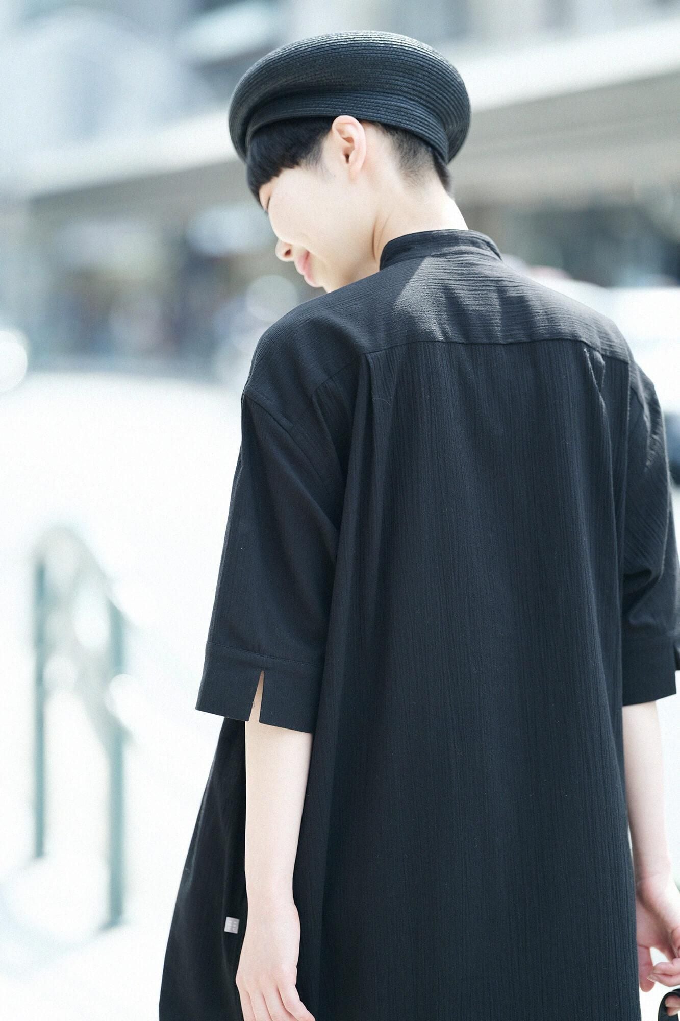 Chizimi Cotton 20/20 HN Gran Shirt Dress Elbow Length Sleeve / Black