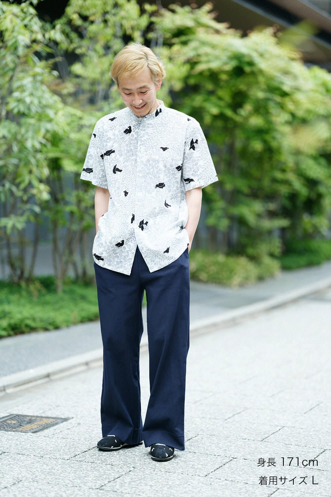 高島縮 20/20 スタンドカラー半袖シャツ SP／さえずり