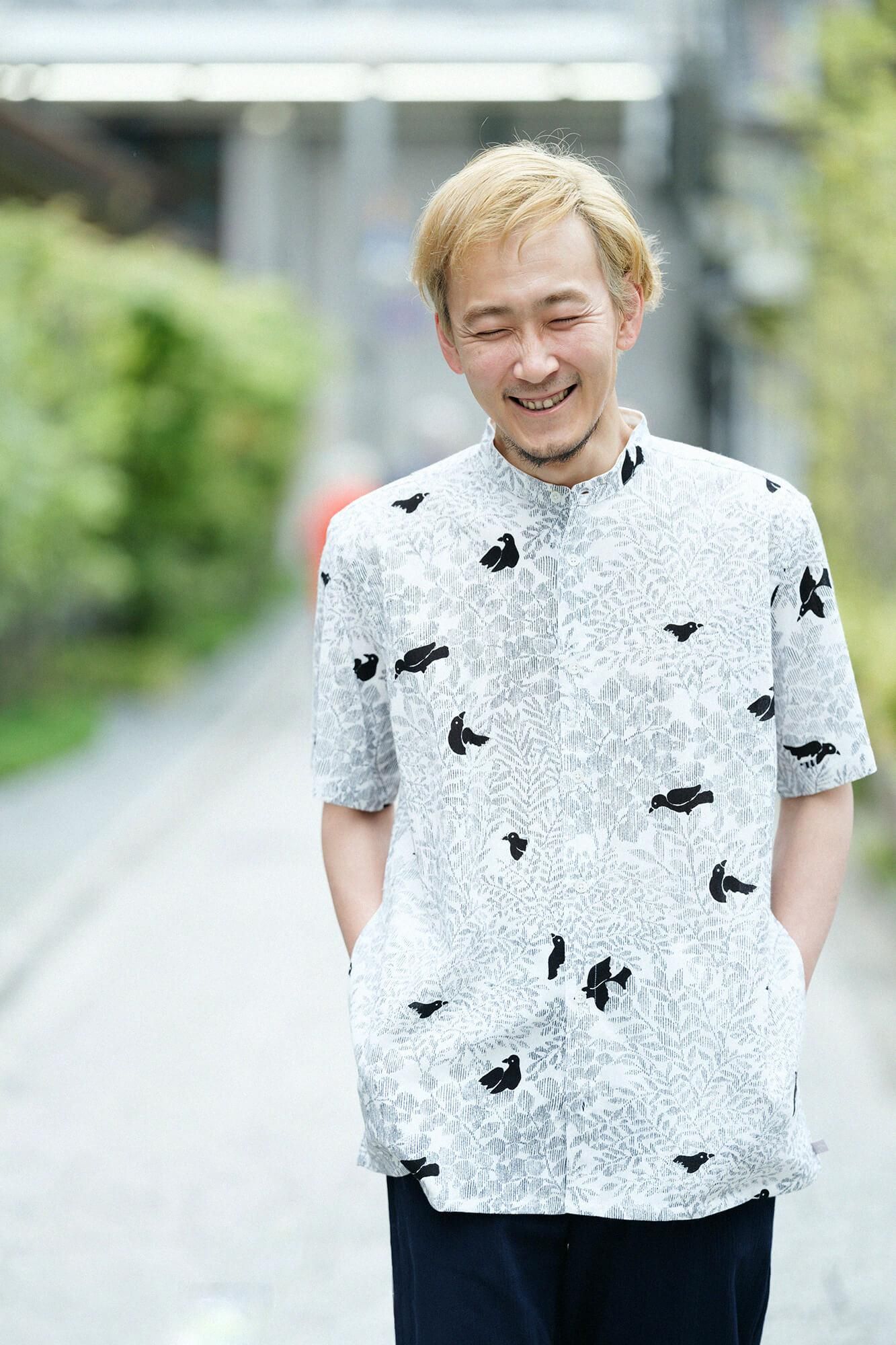 高島縮 20/20 スタンドカラー半袖シャツ SP／さえずり