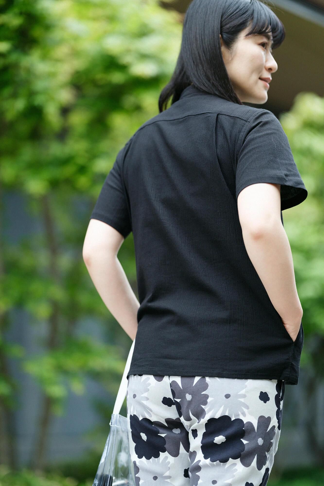 高島縮棉 20/20立領短袖襯衫 SP /黑色