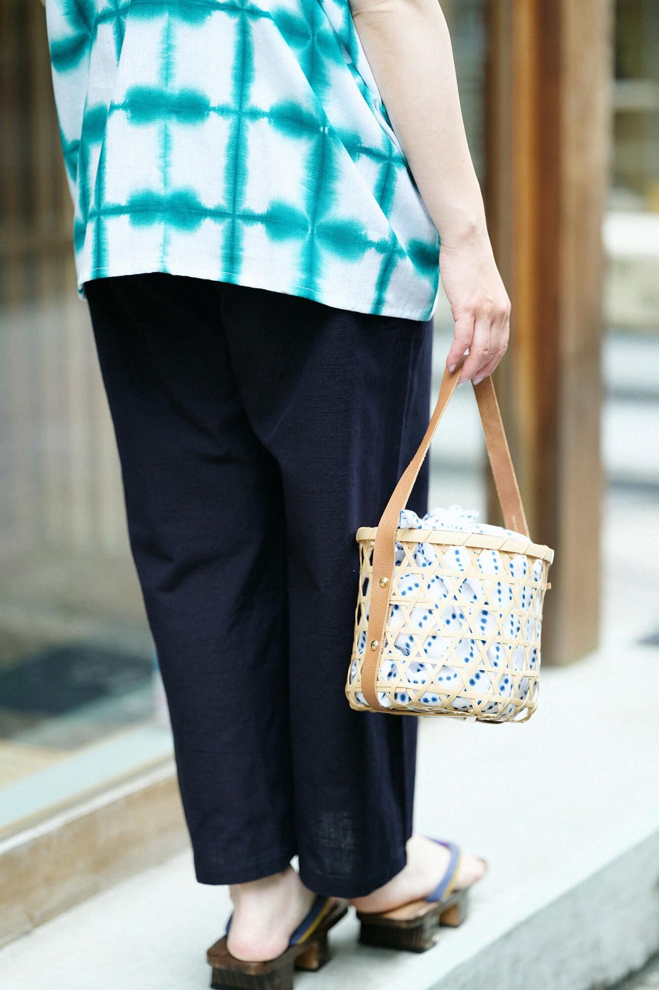 久留米織 和服帶長褲蘿蔔草夢佩/灰藍色×深藍色